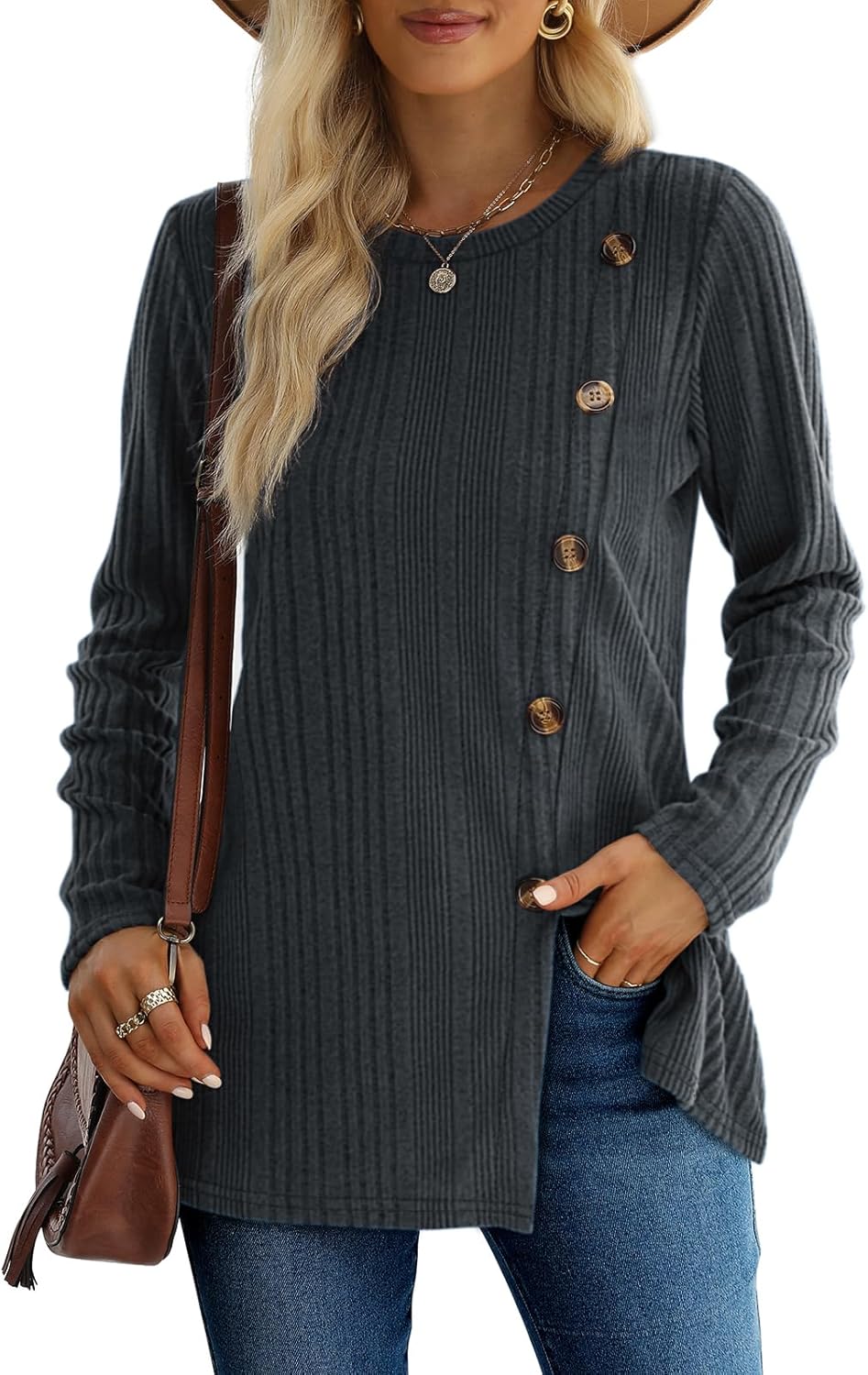 XIEERDUO Long Sleeve Tops for Women Tunics Buttons Front Slit E3- Dark Grey X-La...