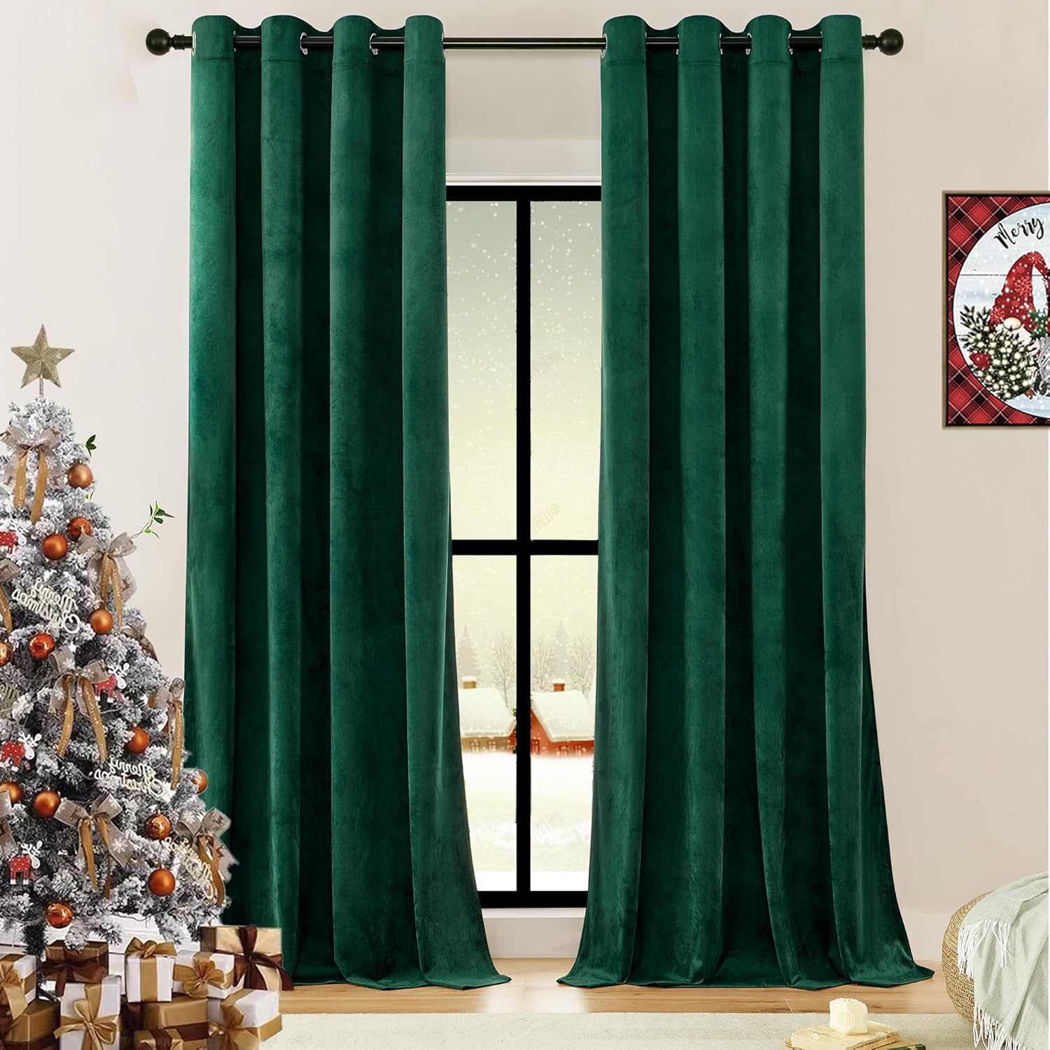 Timeper Dark Green Velvet Curtains 108 inches - Grommet Blackout Curtains Therma...