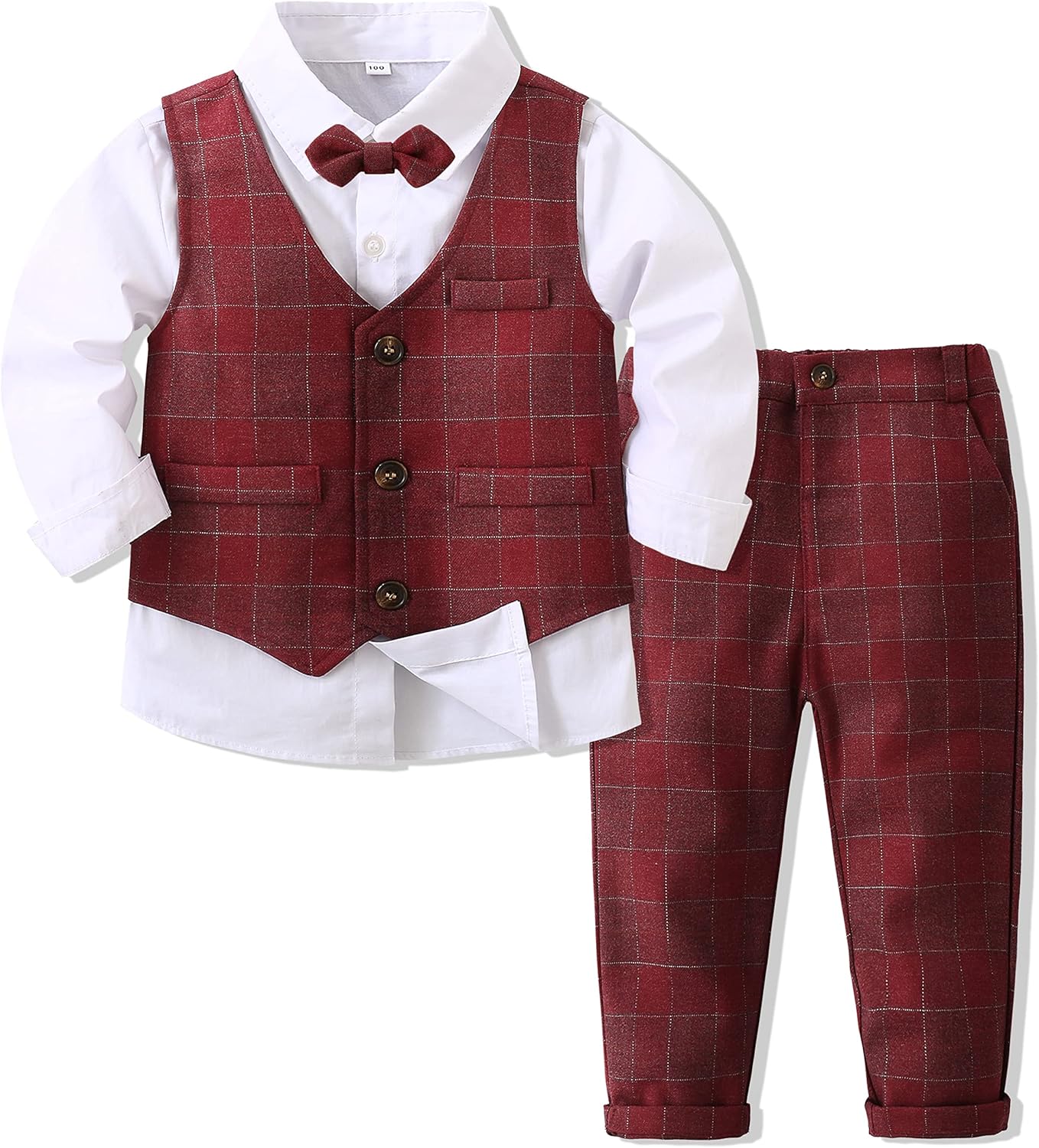 Boys 3Pcs Clothing Sets Long Sleeve Bowtie Shirts +Vest +Pants Casual Suit Red P...