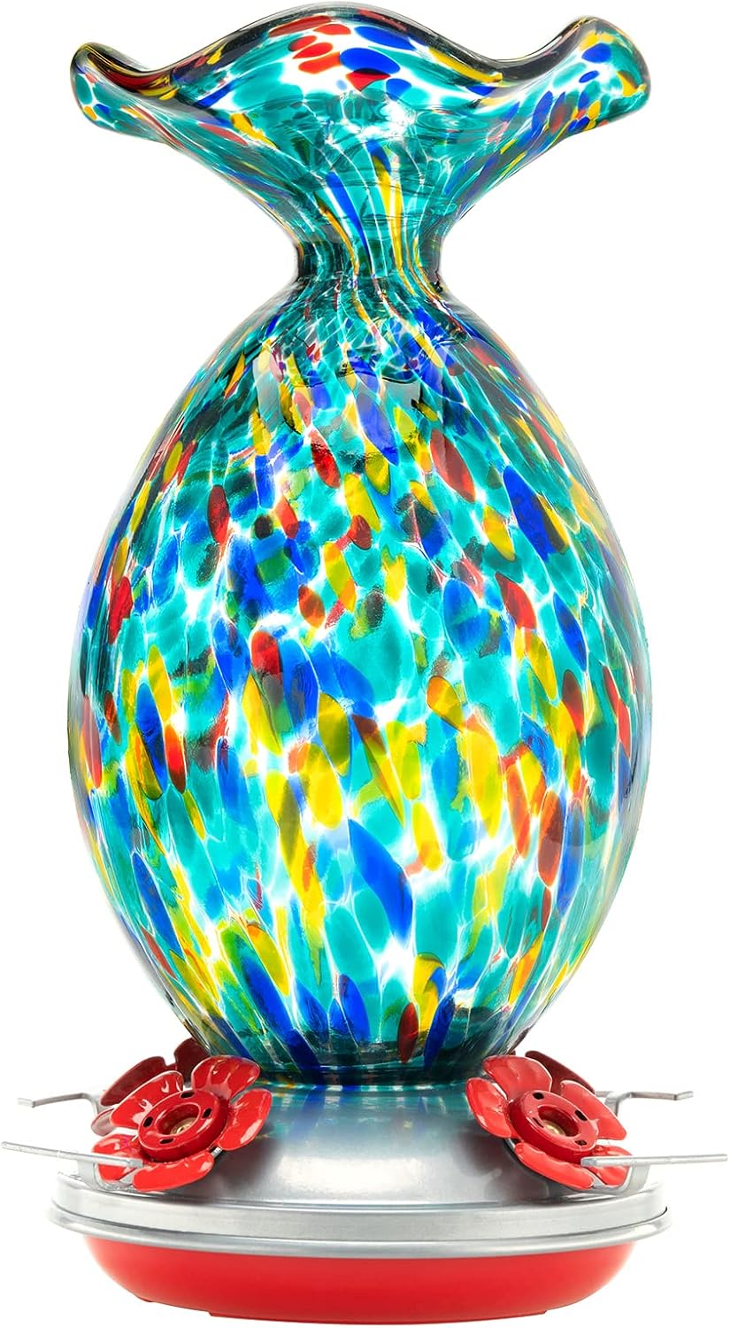 Hummingbird Feeder, 32OZ Hand Blown Glass Hummingbird Feeders for Outdoors Hangi...