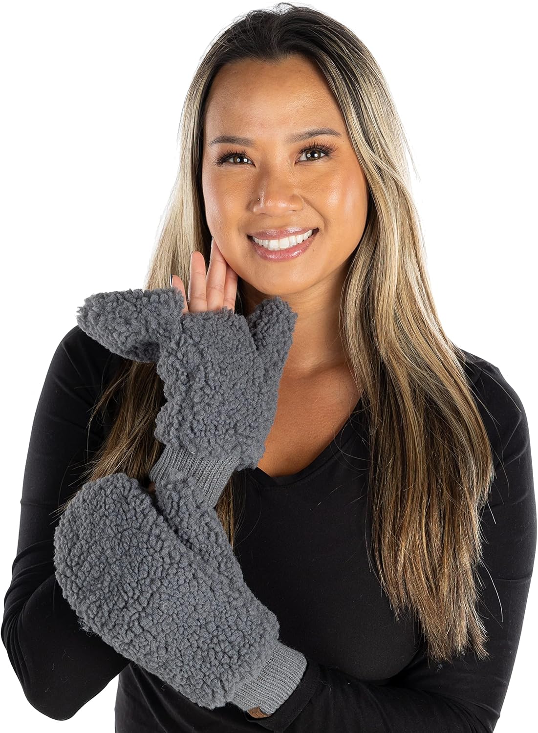 Funky Junque Faux Fur Flip Mittens Womens Warm Convertible Fingerless Gloves She...