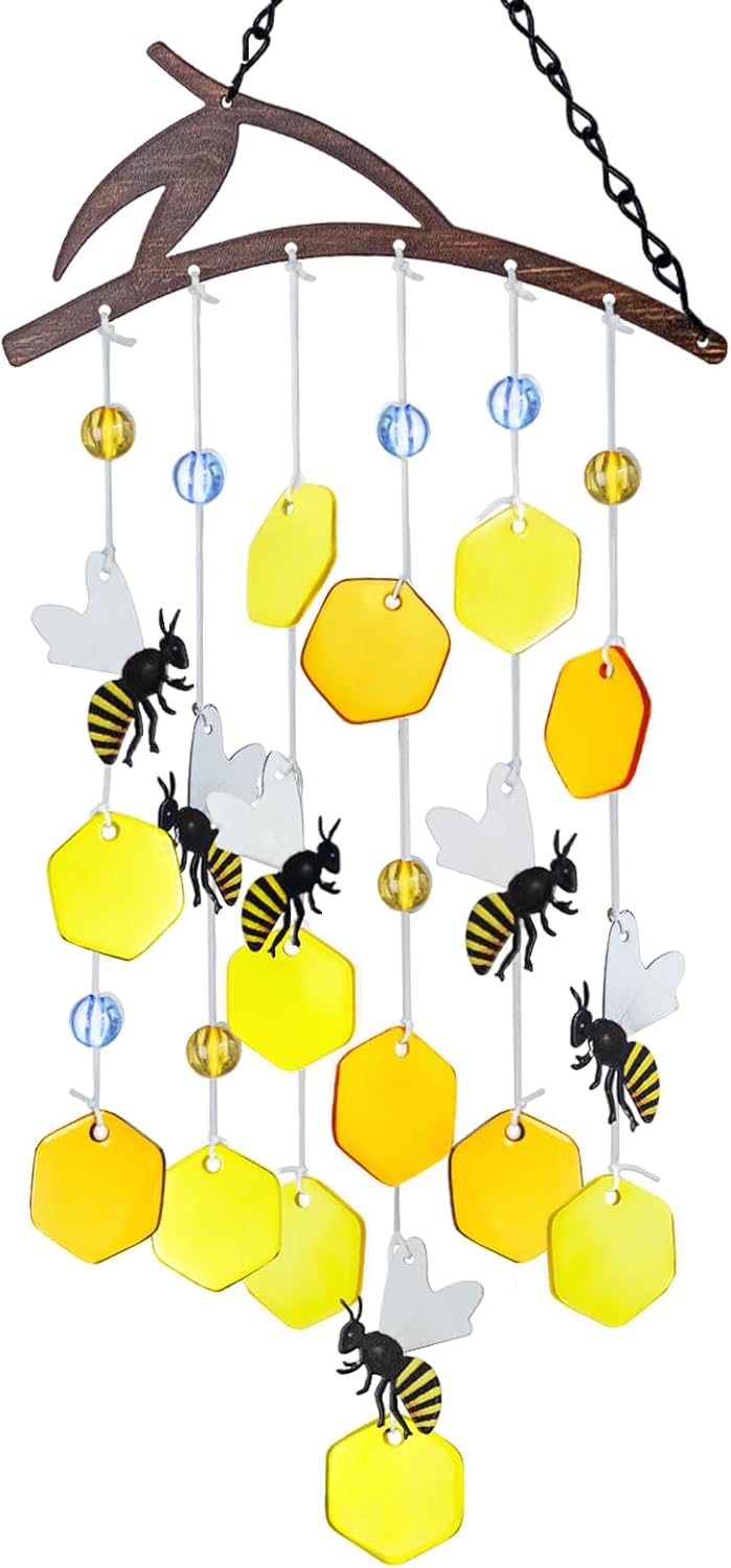 X-PREK 23" Bees Wind Chimes for Outside, Unique Stained Glass Wind Chimes Garden...
