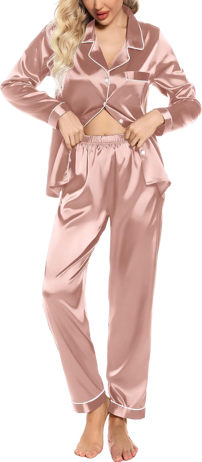 Samring Women's Silk Satin Pajamas Set Long Sleeve Sleepwear Two Piece Button Do...