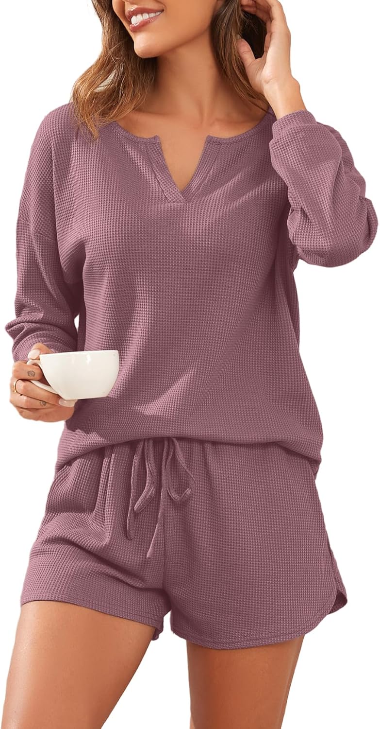 PrinStory Pajamas Set for Women Waffle Knit Lounge Set 2 Piece Outfits Matching...