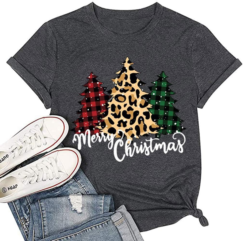 Earlymemb Womens Merry Christmas Tree Leopard Plaid Printed T-Shirt Short Sleeve...
