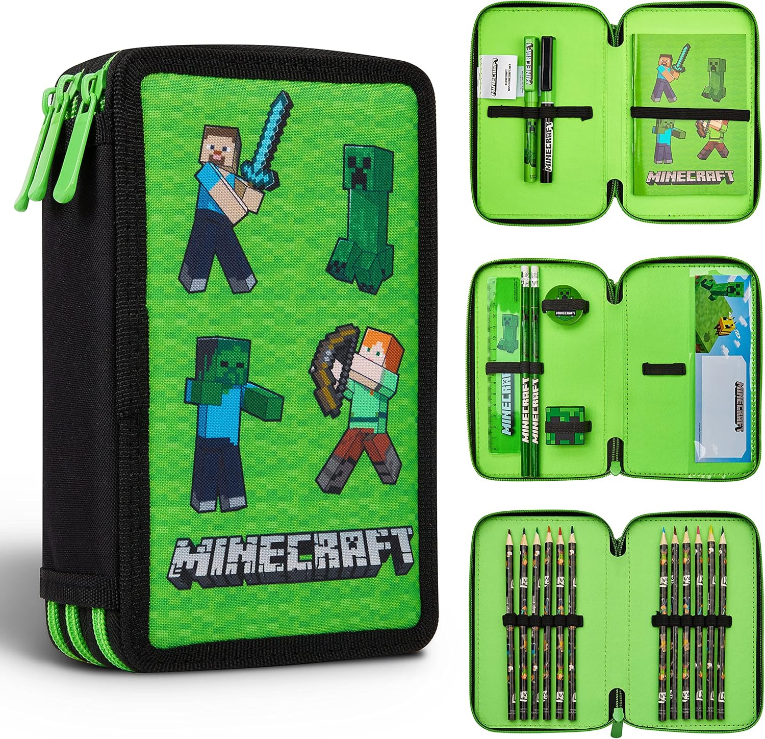 Minecraft Pencil Case for Kids Filled with Stationery - Gamer Gifts (Green Mob)