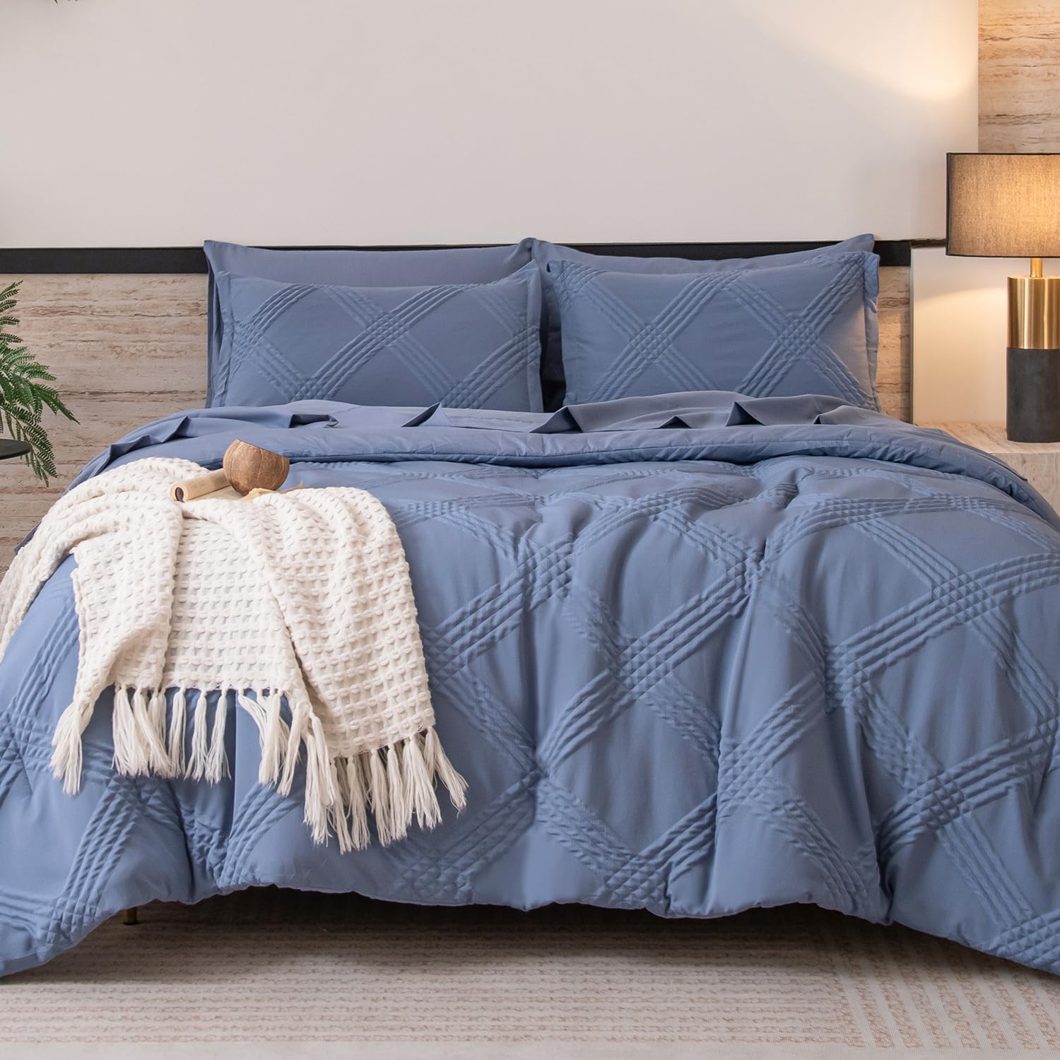 FLYMME Queen Comforter Set 7 Pieces,Bluish Grey Cationic Dyeing Bed in a Bag Que...