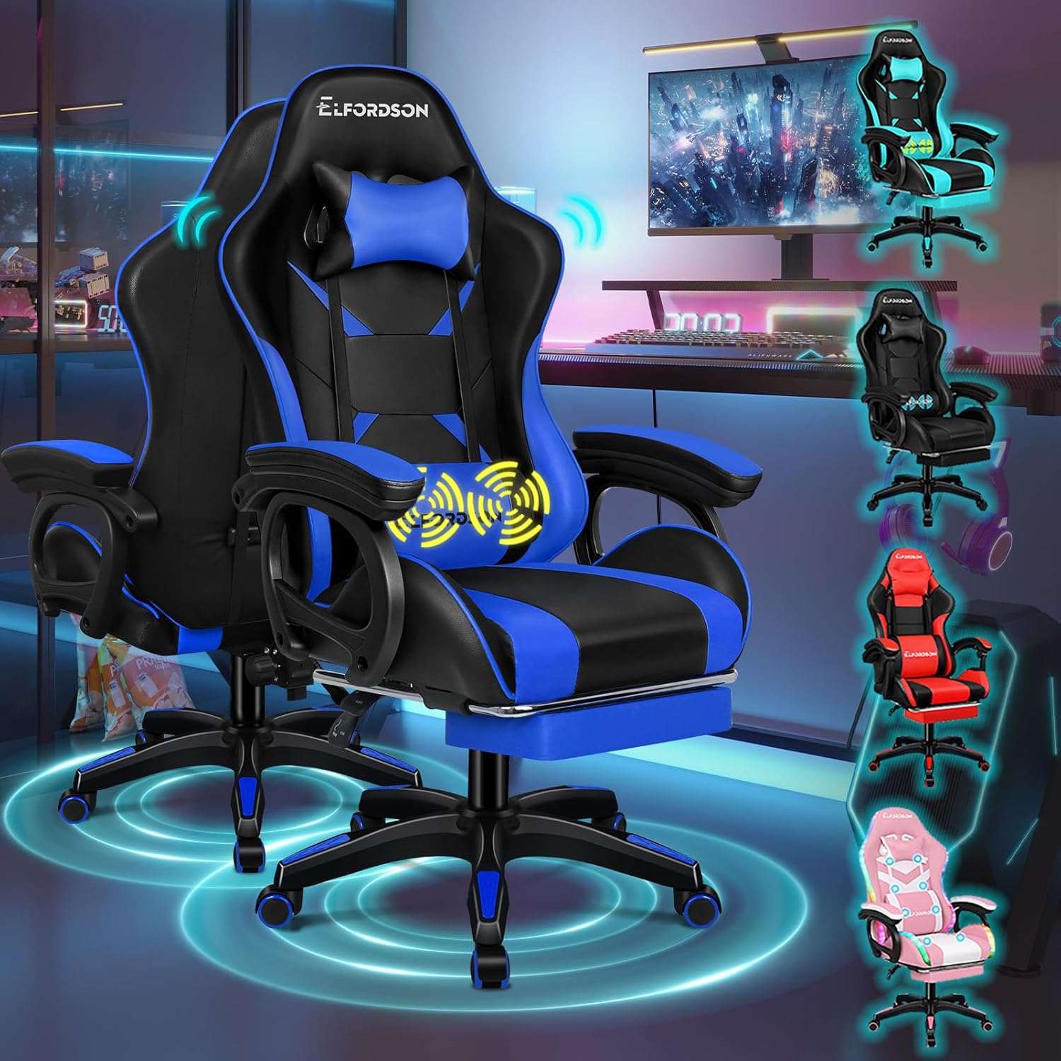 ELFORDSON Gaming Chair with 2-Point Massage Cushion, Computer Chairs for Home Of...