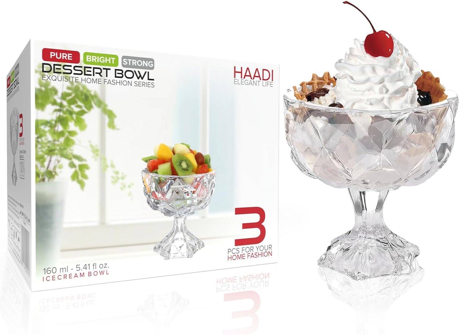 HAADI Glass Ice Cream Bowls Set of 3 Sundae Dessert Cups Prawn Cocktail Glasses...
