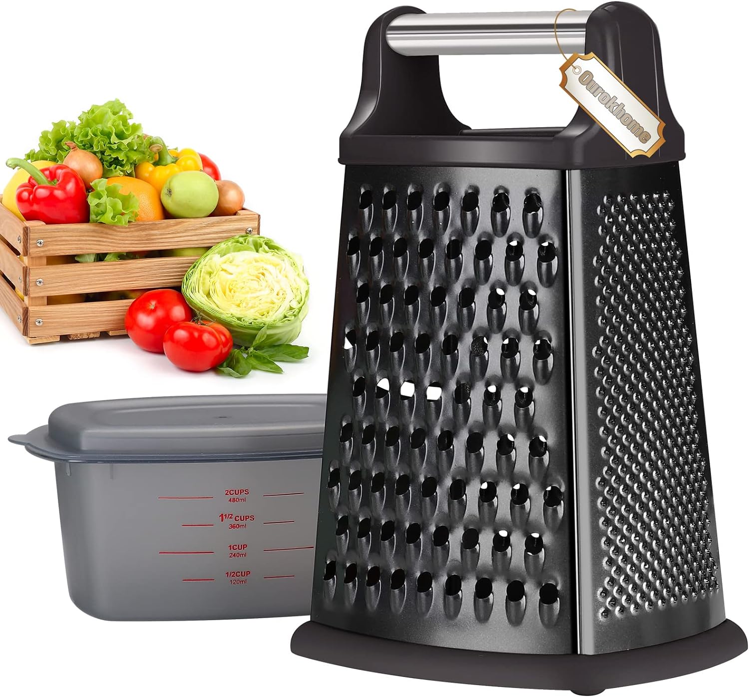 Ourokhome Cheese Grater with Handle, Stainless Steel Box Grater, 4 Side Kitchen...
