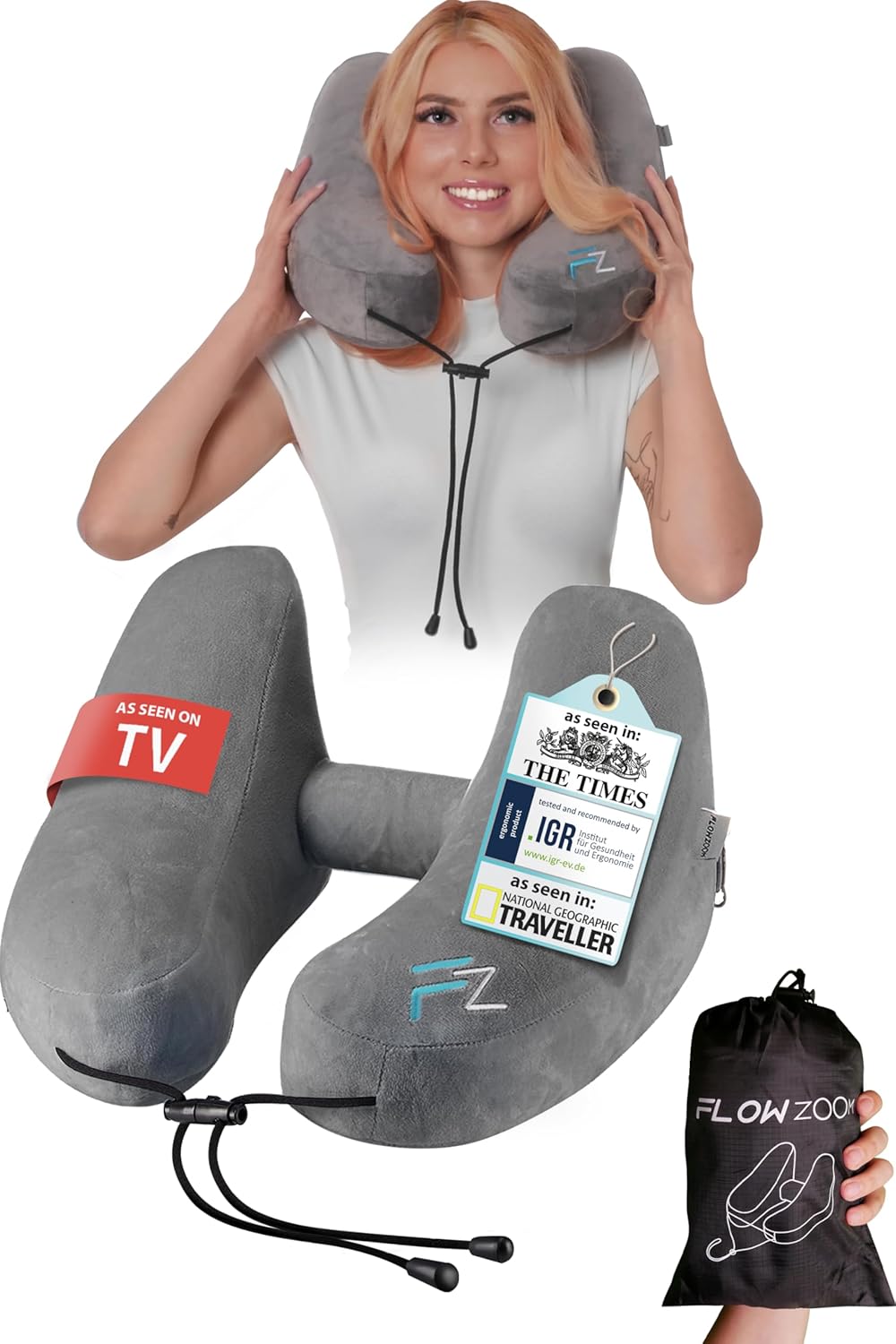 FLOWZOOM AIR Inflatable Travel Pillow for Airplane - Hooded Neck Pillow for Trav...