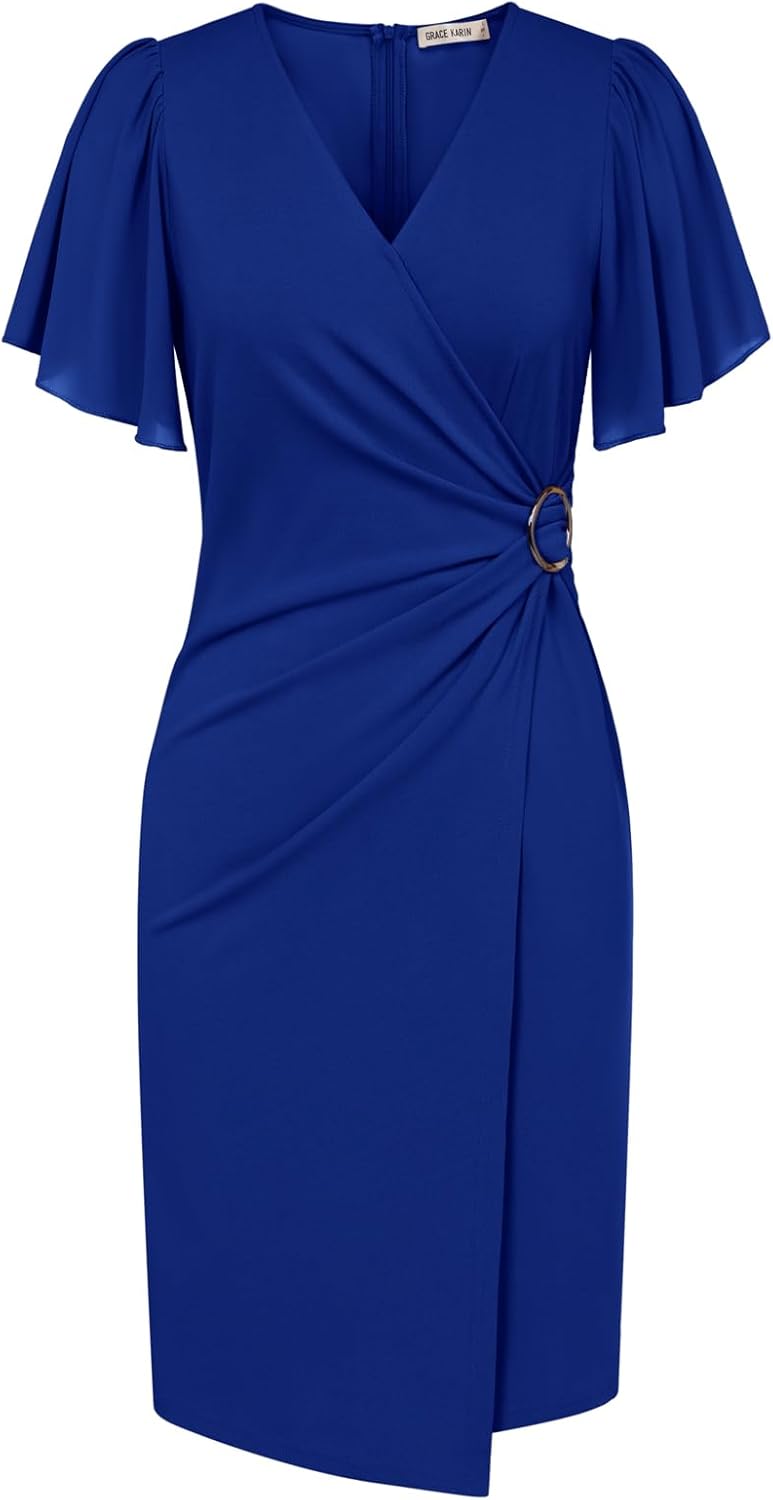 GRACE KARIN Bodycon Dresses for Women UK Ladies Summer V-Neck Chiffon Short Slee...