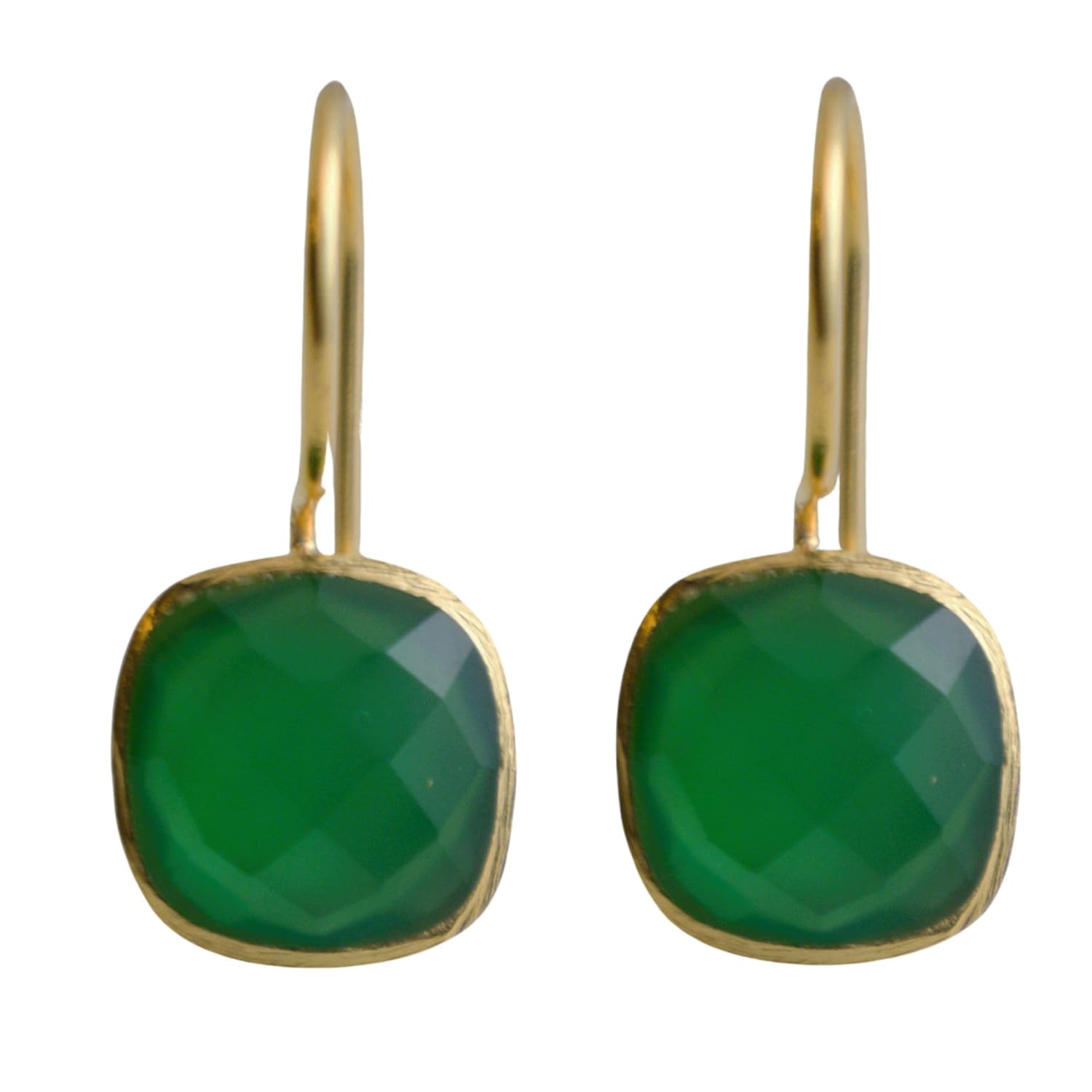 Cushion Cut Green Onyx Gold Plated Sterling Silver Drop Dangle Earrings - Handma...