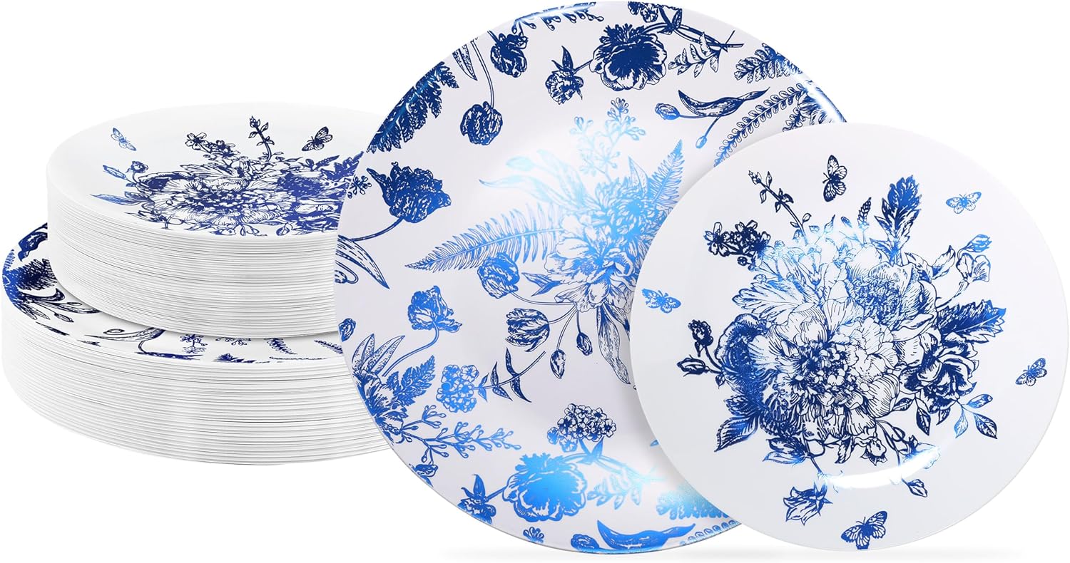 durony 72 Pieces Blue & White Floral Plates Disposable Plastic Plates Set 36 Pie...