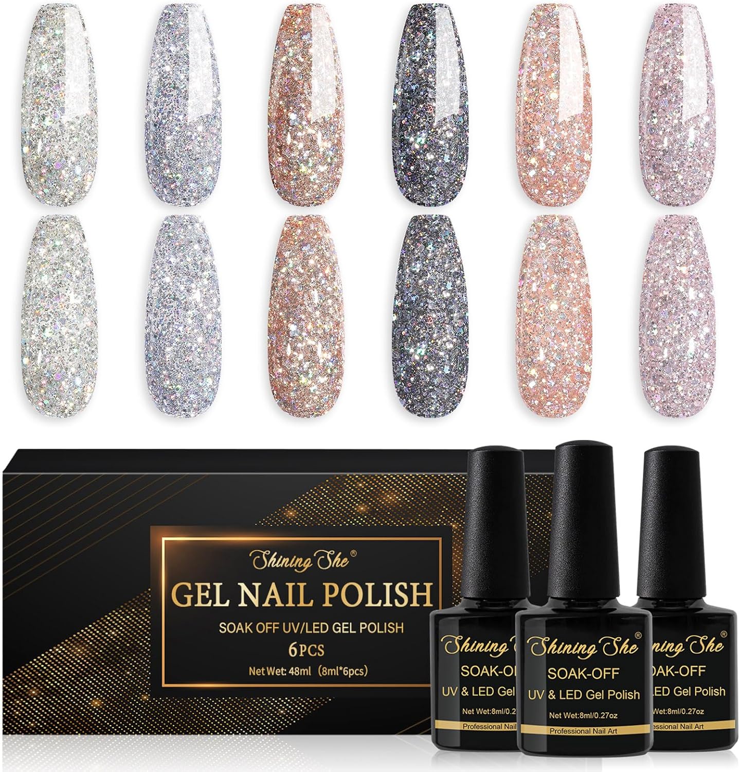 Shining She Glitter Gel Nail Polish, 6 Colours White Sliver Black Rose Gold Spar...