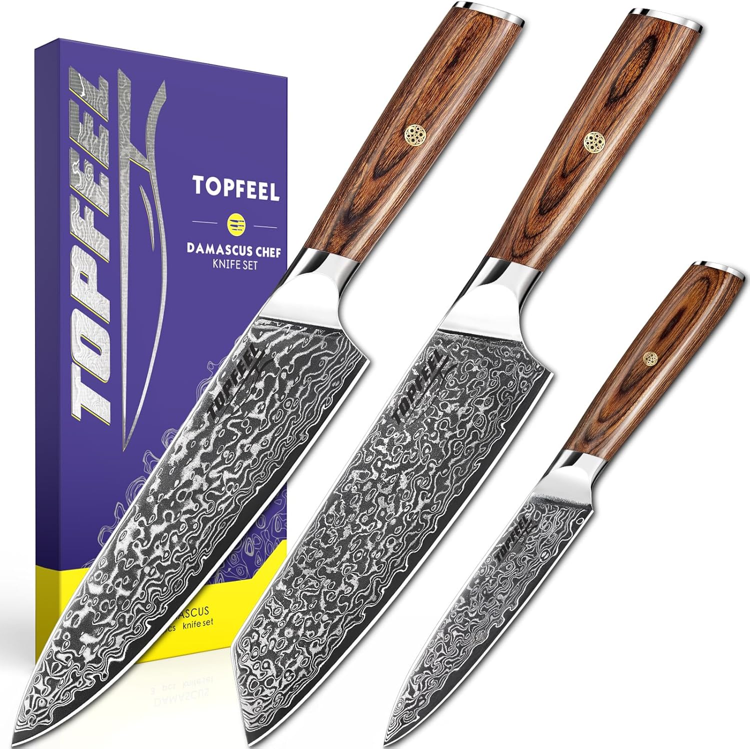 Damascus Knife Set 3PCS, Damascus Japanese VG-10 stainless steel Chef Knife Set...
