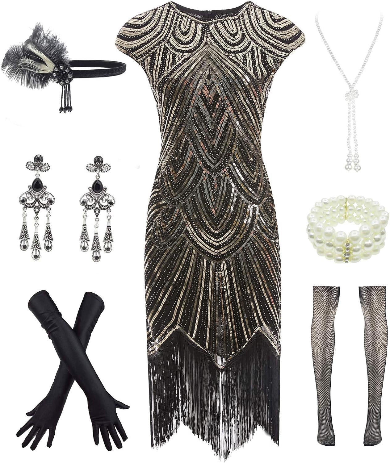 Letter Love Womens Vintage Lace Fringed Gatsby 1920s Cocktail Dress with 20s Acc...
