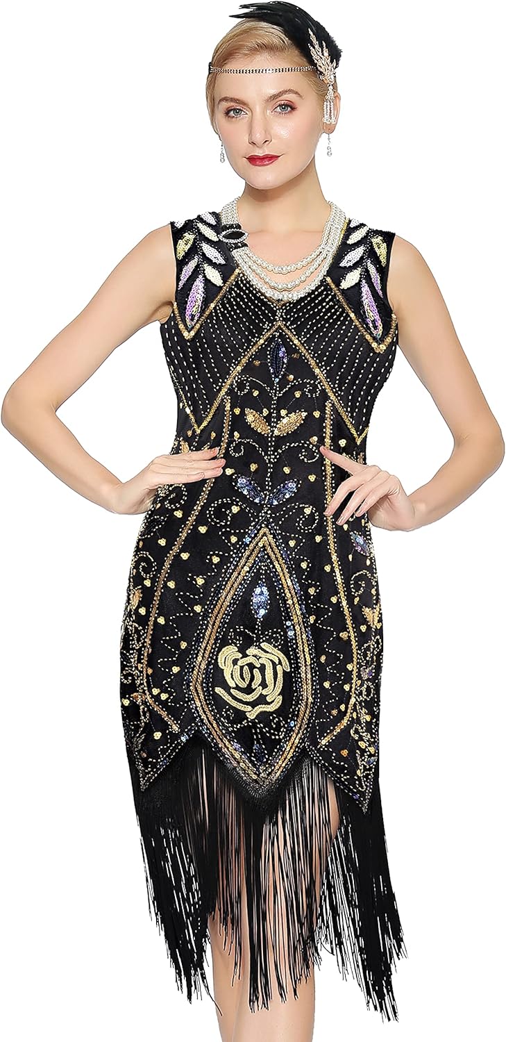 Metme Women’s 1920s Flapper Dress Roaring 20s Sequins Beaded Fringe Great Gatsby...