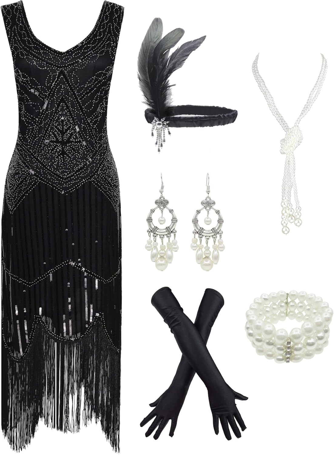 1920s Gatsby Sequin Fringed Paisley Flapper Dress with 20s Accessories Set Black...