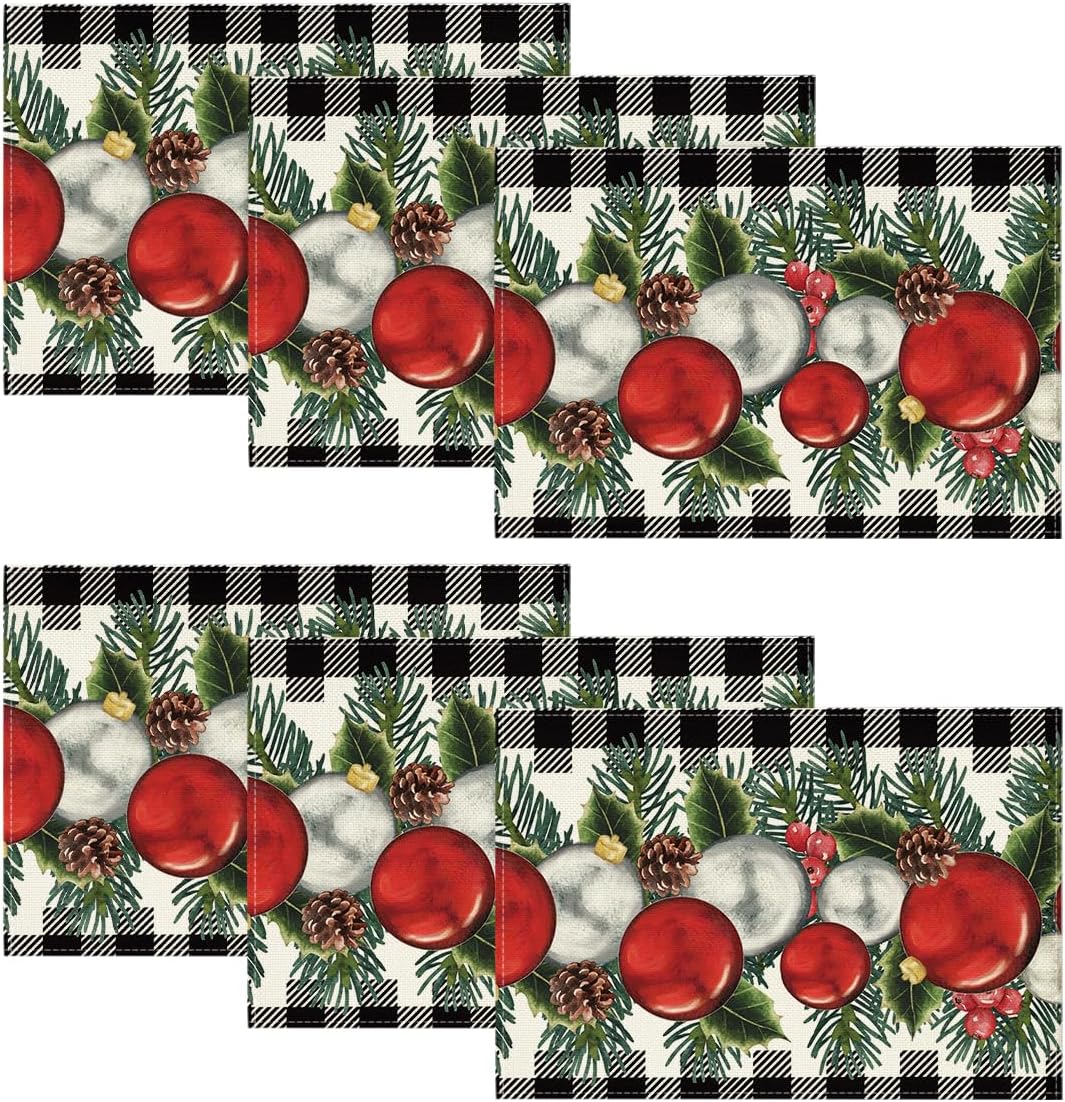 Artoid Mode Black White Buffalo Plaid Holly Pine Cones Christmas Balls Placemats...