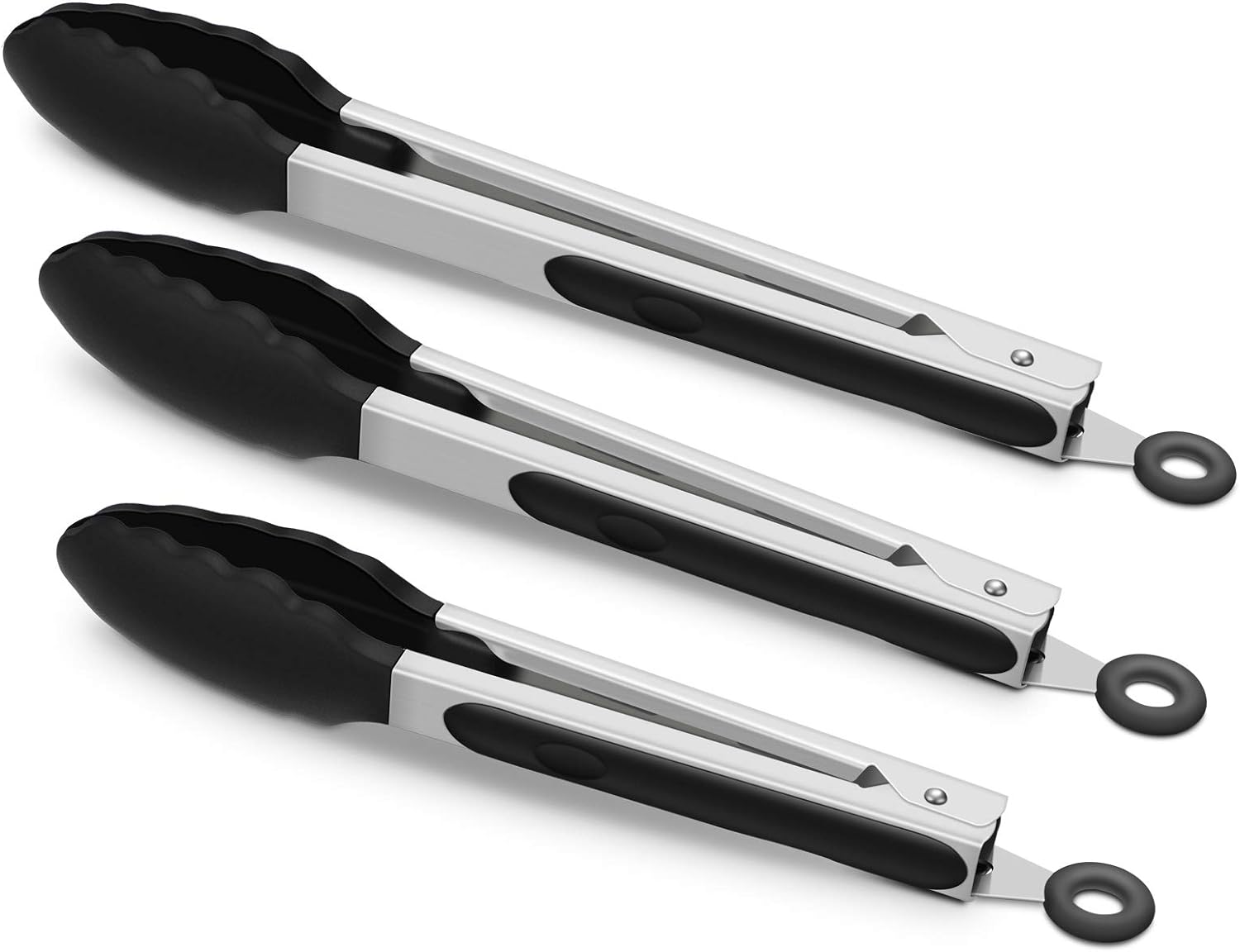 3 Pack Black Kitchen Tongs, Premium Silicone BPA Free Non-Stick Stainless Steel...