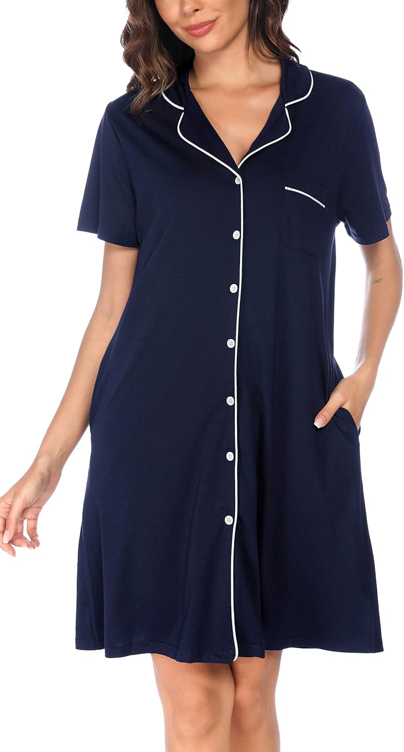 Vlazom Women Soft Nighties V-Neck Button Down Nightdress Classic Boyfriend Style...