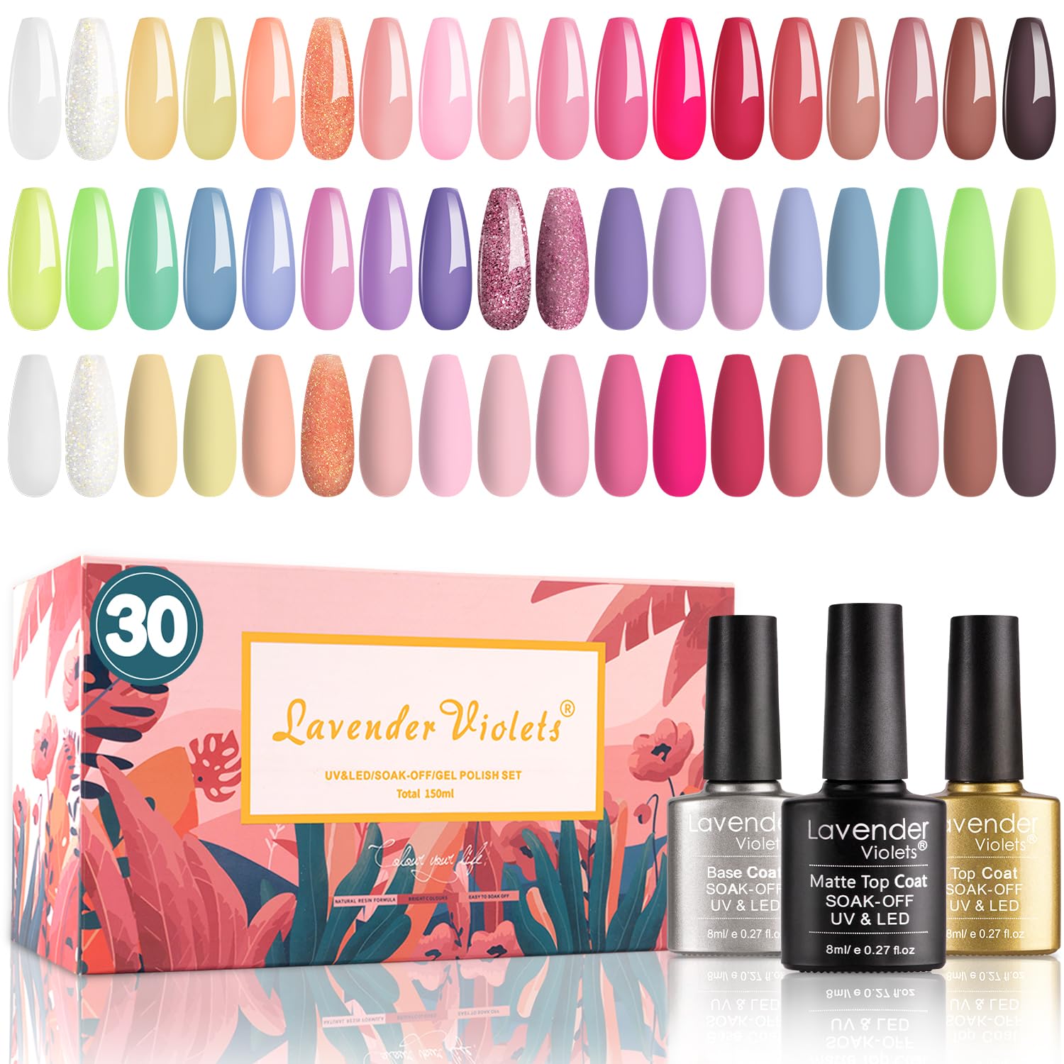 Lavender Violets Gel Nail Polish Kit 27+3 Colors Pink Brown and White Soak-off U...