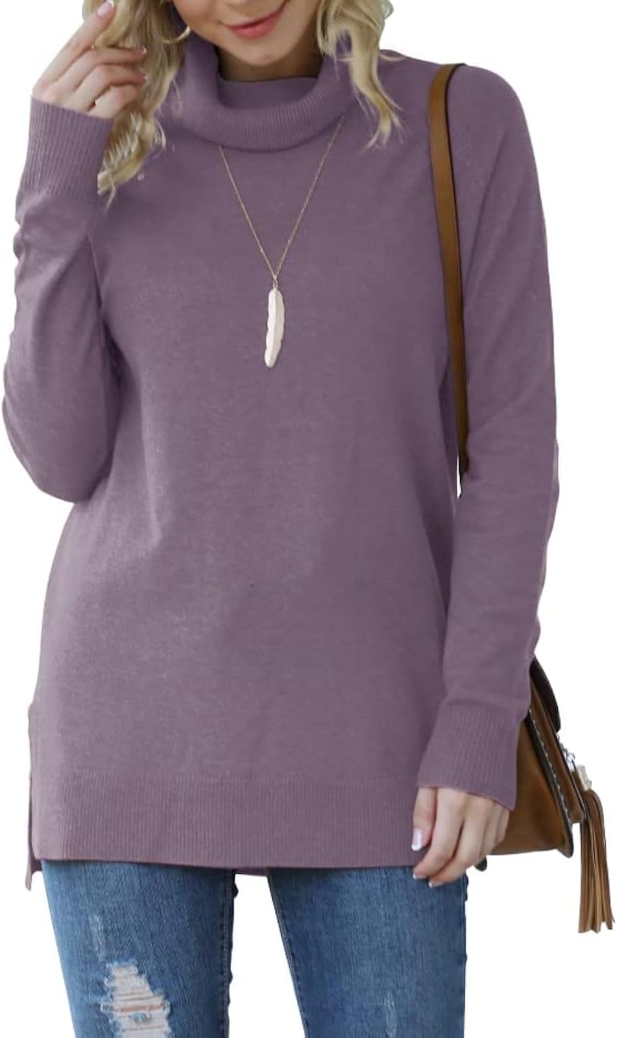 HWOKEFEIYU Women 2024 Fall Trendy Casual Sweater Turtleneck Long Sleeve Sweaters...