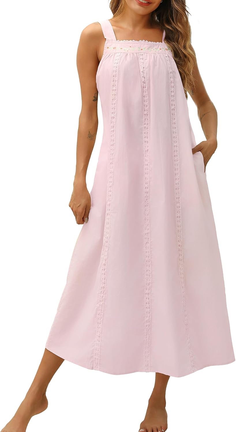 Aoulaydo Cotton Nightgowns for women Embroidery Sleeveless 100% Cottion Night Go...