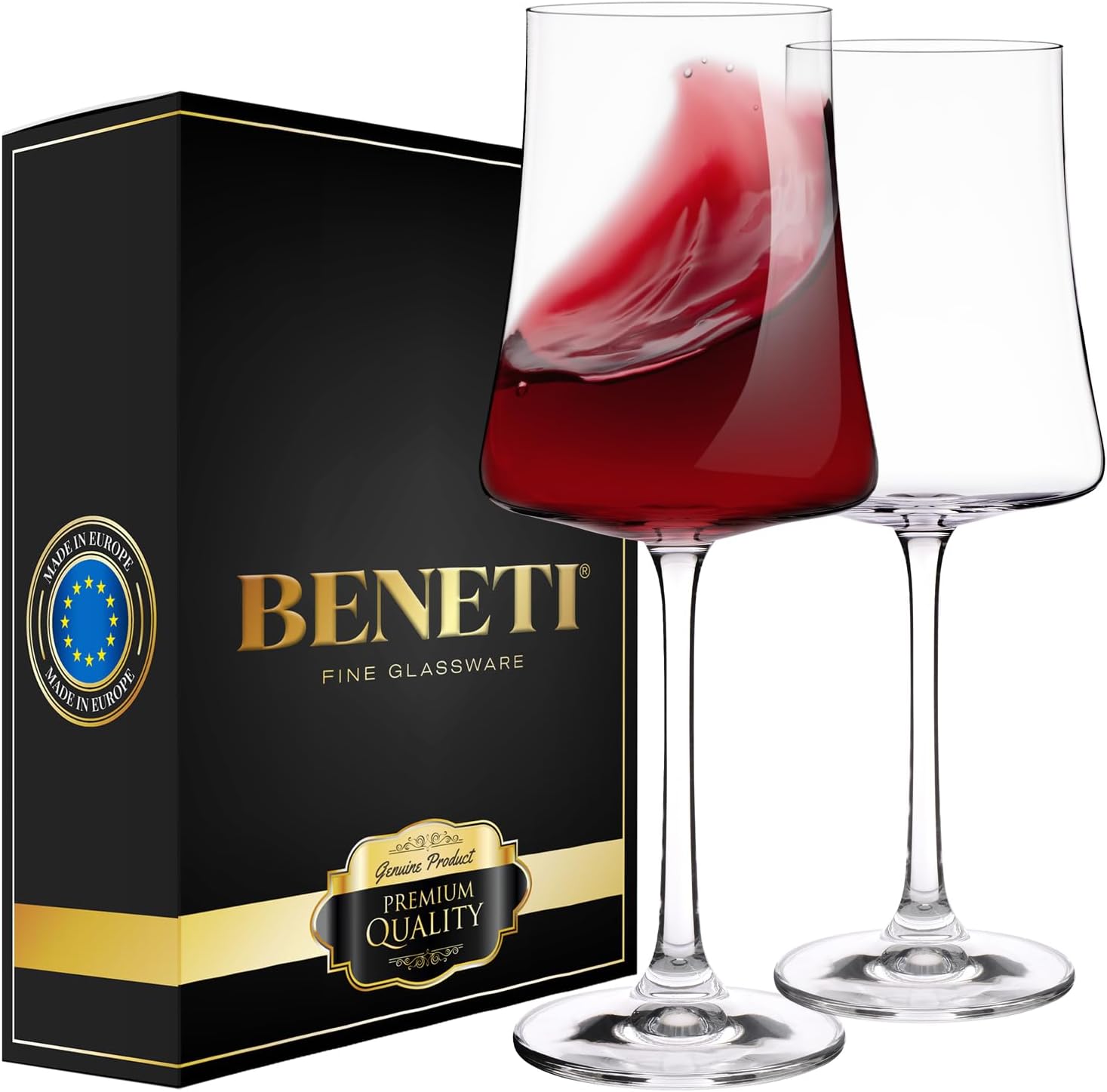 BENETI Exquisite Wine Glasses Set of 2 | Handmade In Europe | 15oz Premium Cryst...