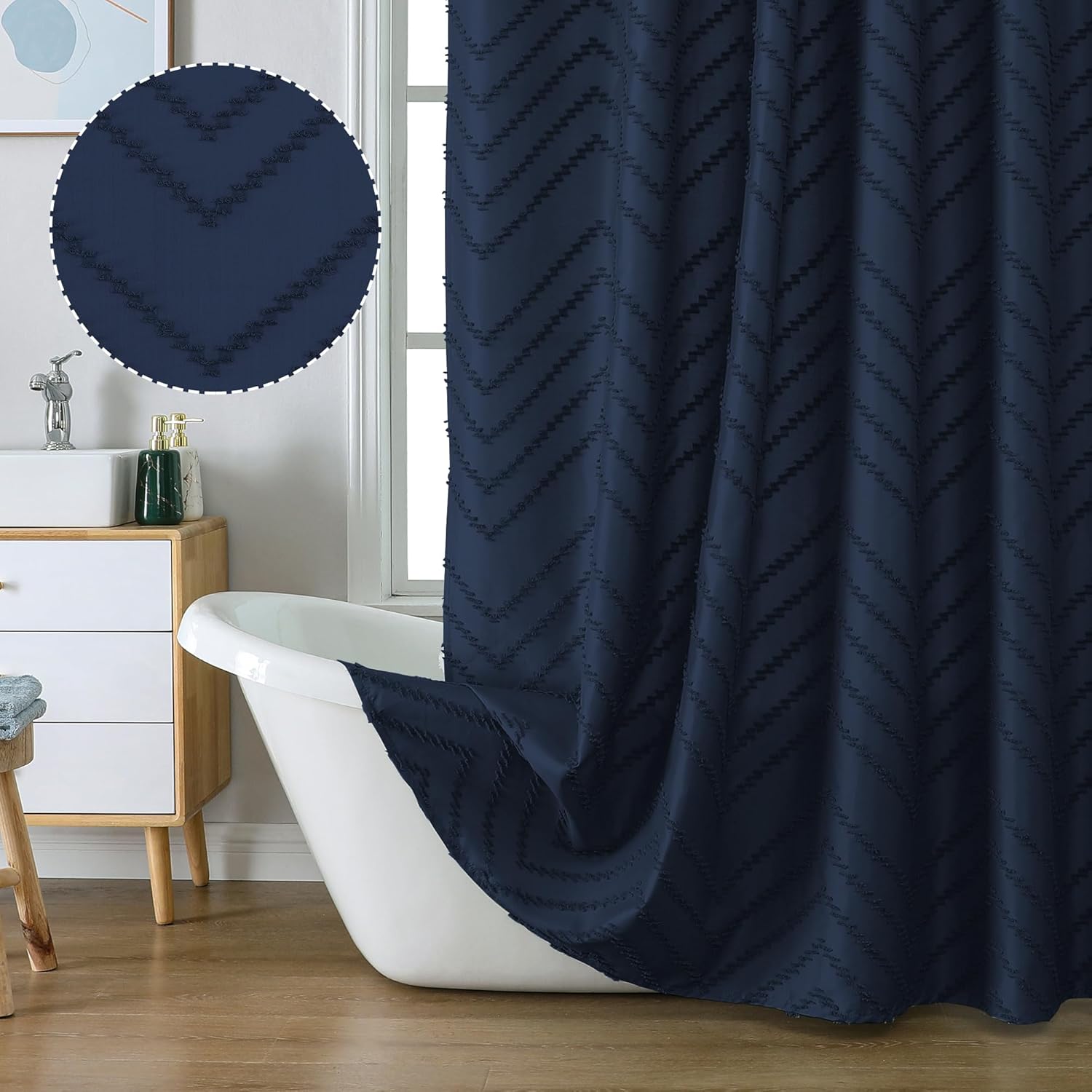 Chyhomenyc Chevron Boho Navy Blue Shower Curtain 72x72 inches with 12 Hooks, Fab...