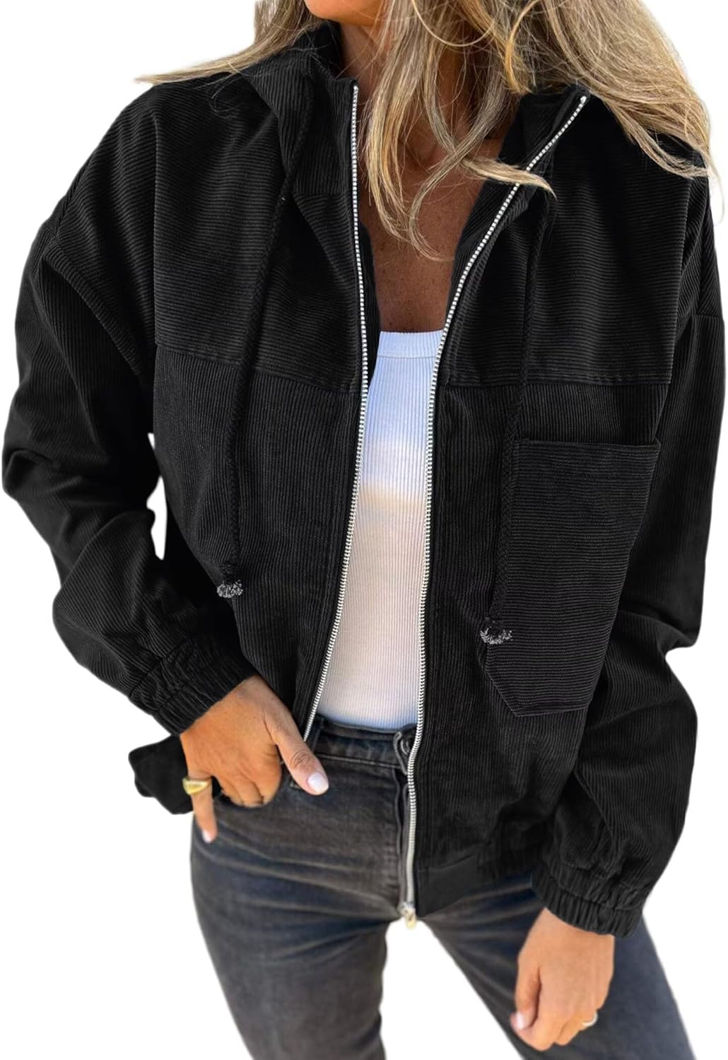 VICHYIE Corduroy Drawstring Hooded Pocket Zip Up Jacket Loose Shacket Coat X-Lar...