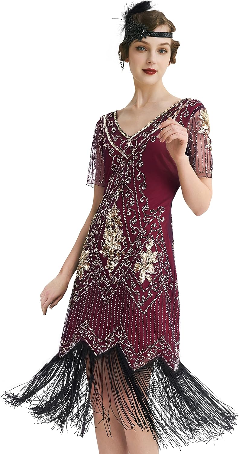 BABEYOND 1920s Art Deco Fringed Sequin Dress Roaring 20s Flapper Fancy Dress Red...