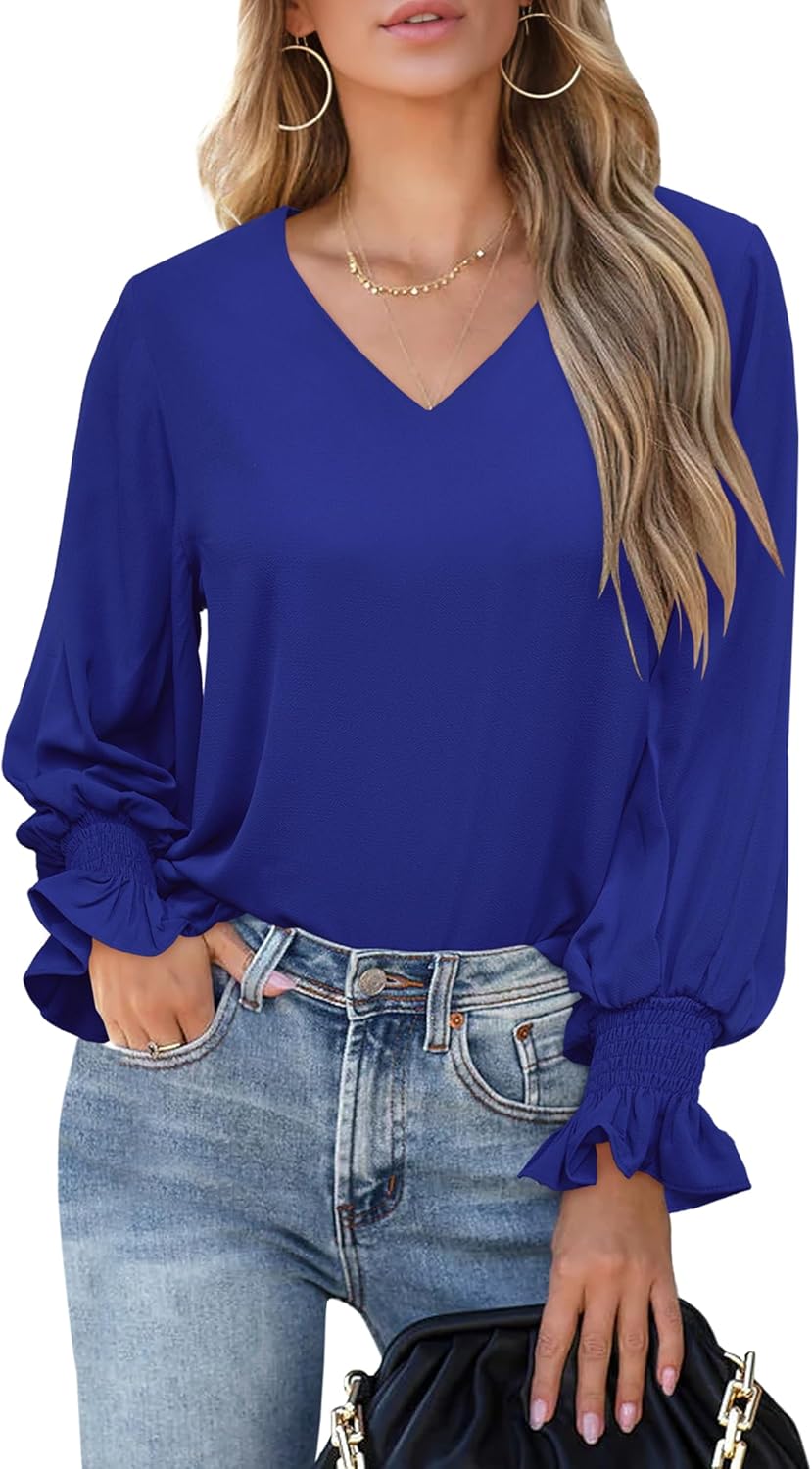Aifer Womens Blouses Dressy Casual Tops V Neck Ruffle Balloon Long Sleeve Shirts...
