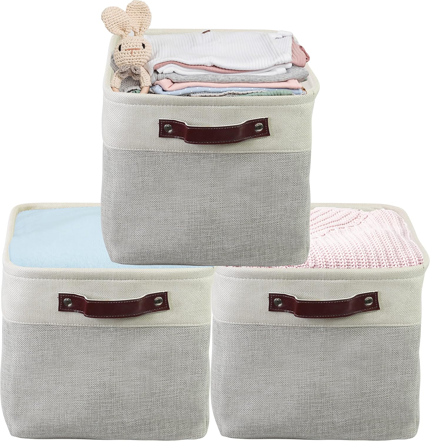 Simple Houseware 3 Pack Grey Fabric Storage Bin with Leather Like Handles 15" x...