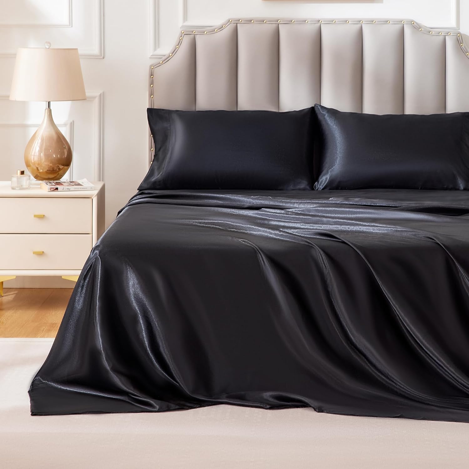 FreshCulture Satin Sheets King Size, Silky Soft Satin Bed Sheets, 4 Psc Black Sa...