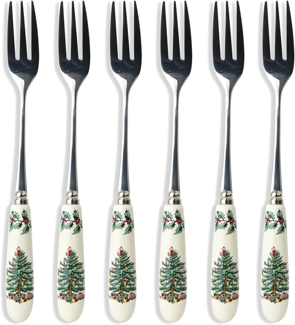 Portmeirion Christmas Tree Pastry Forks (Set of 6), Stainless Steel Forks with P...
