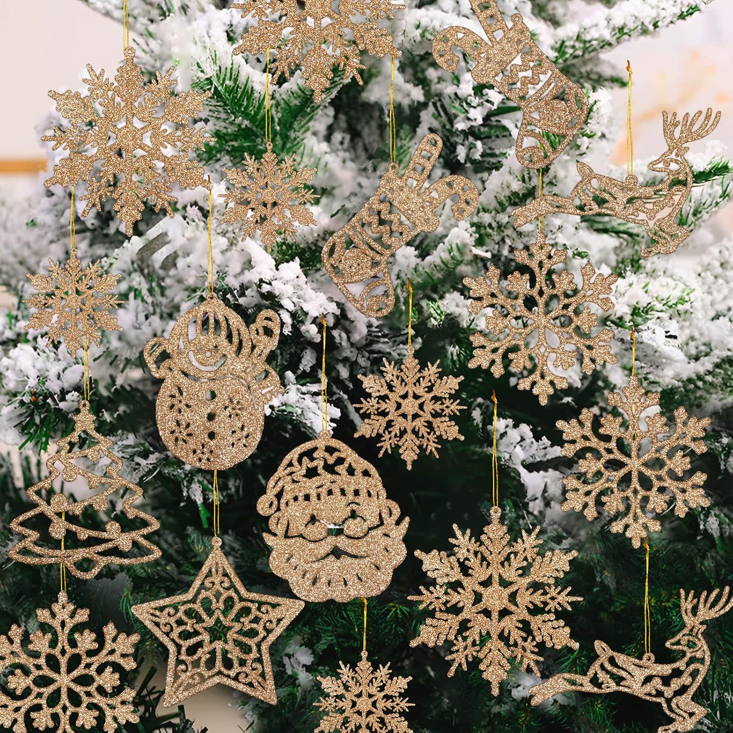 42 Pack Christmas Tree Decorations Set - Champagne Gold Glitter Xmas Hanging Orn...