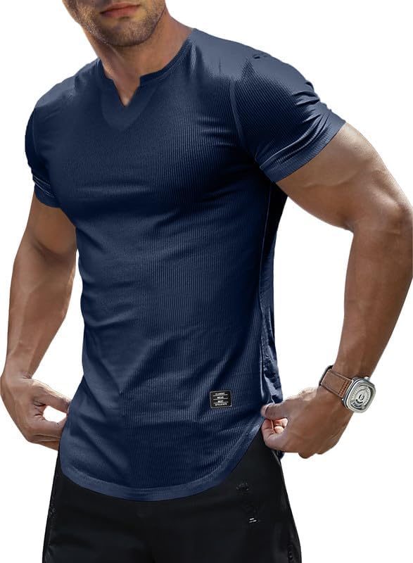 JMIERR Mens Muscle Slim T Shirt V-Neck Longline Henley Shirt Gym Workout Athleti...