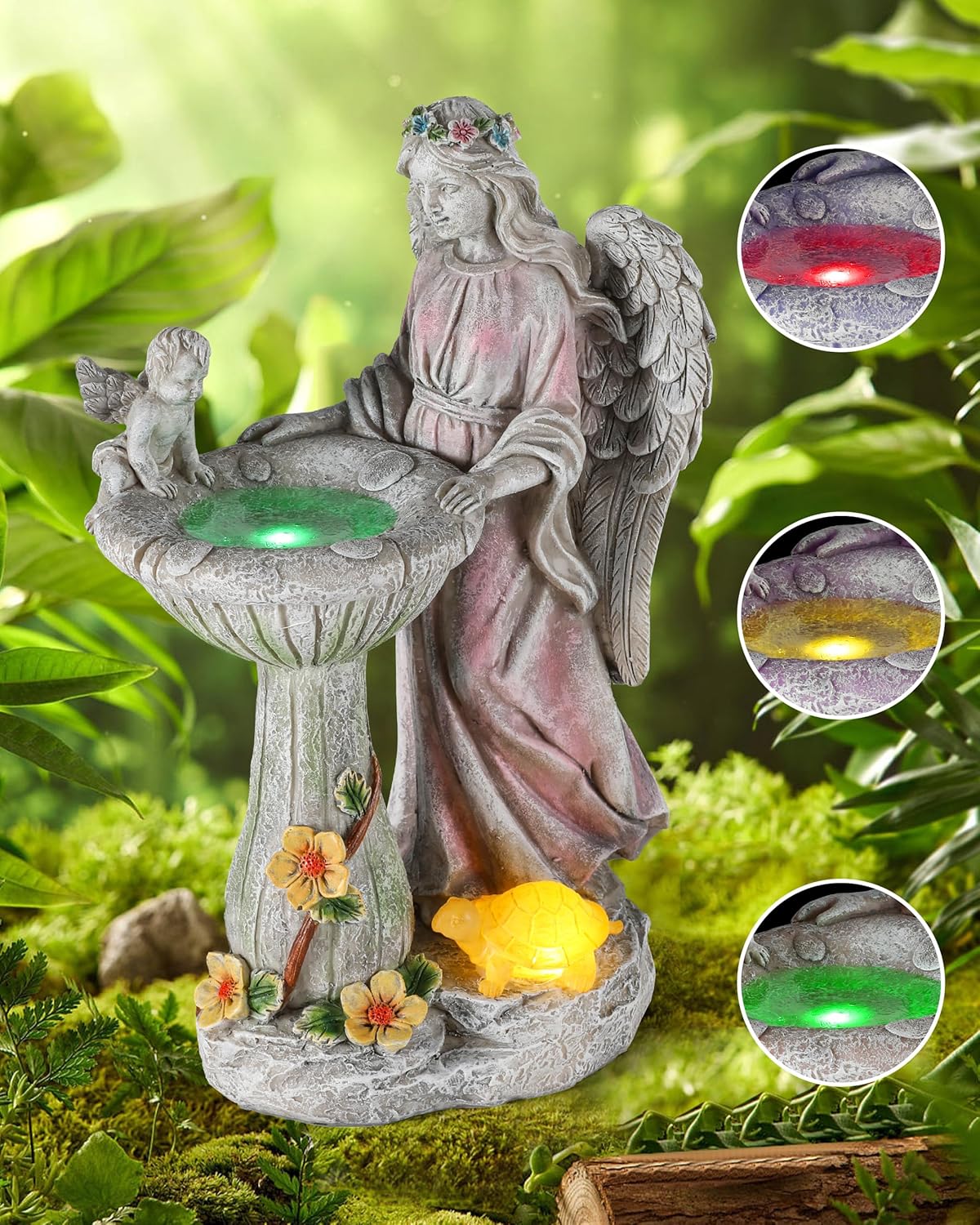 iStatue Solar Angel with Mushroom Bird Bath Statue - 9.5'' Garden Decor for Outs...