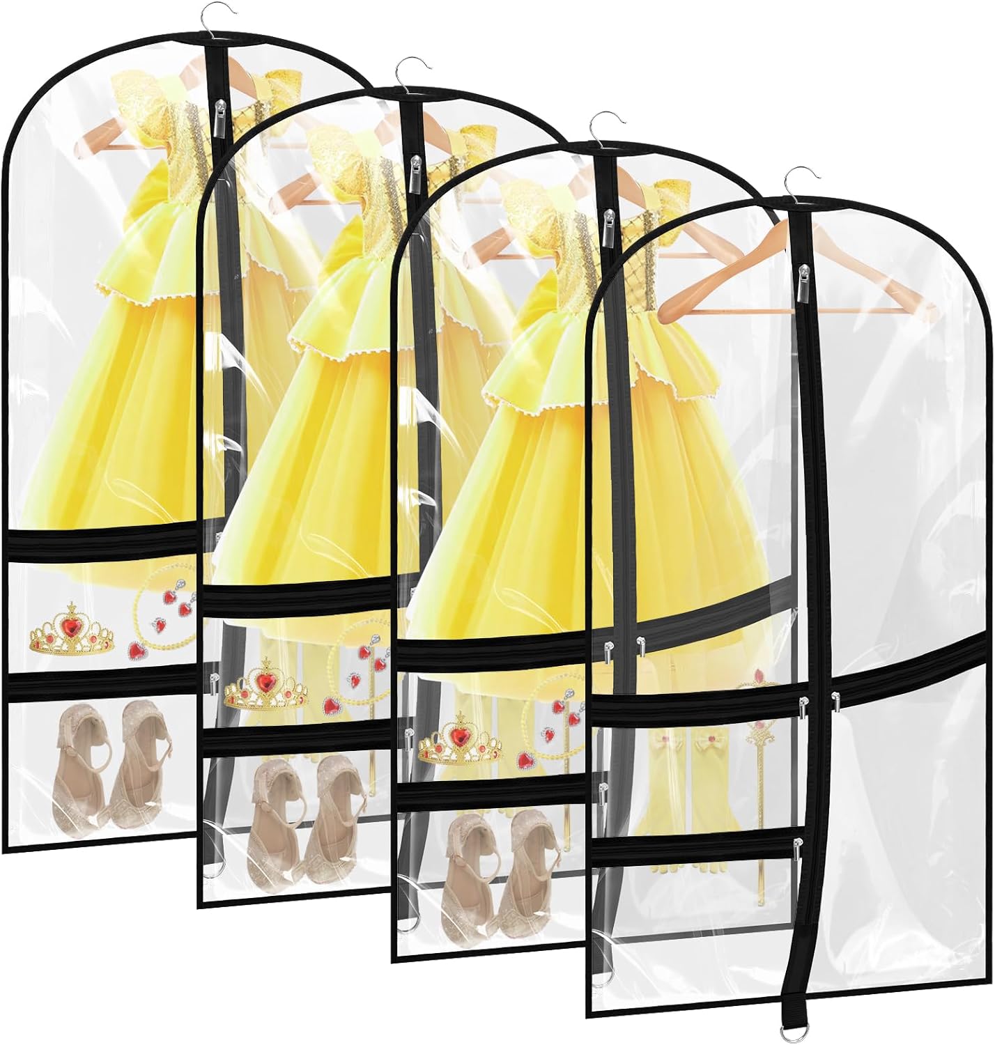 4 Pack Dance Garment Bags, 40" Clear Dance Costume Bags with 3 Pockets, Kids Gar...
