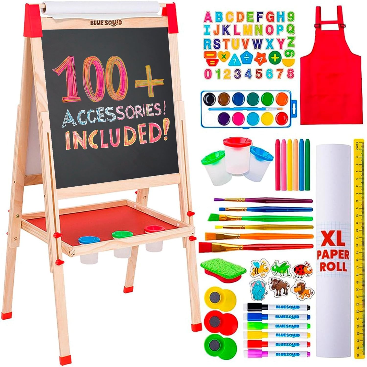 Blue Squid Art Easel for Kids - Dual-Sided Adjustable Wooden Painting Easels wit...