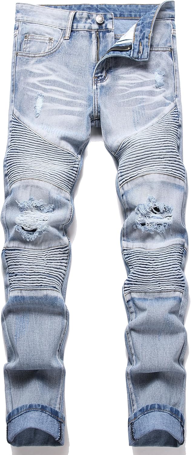 AITITIA Men's Biker Zipper Deco Washed Straight Fit Jeans 38 1906 Blue