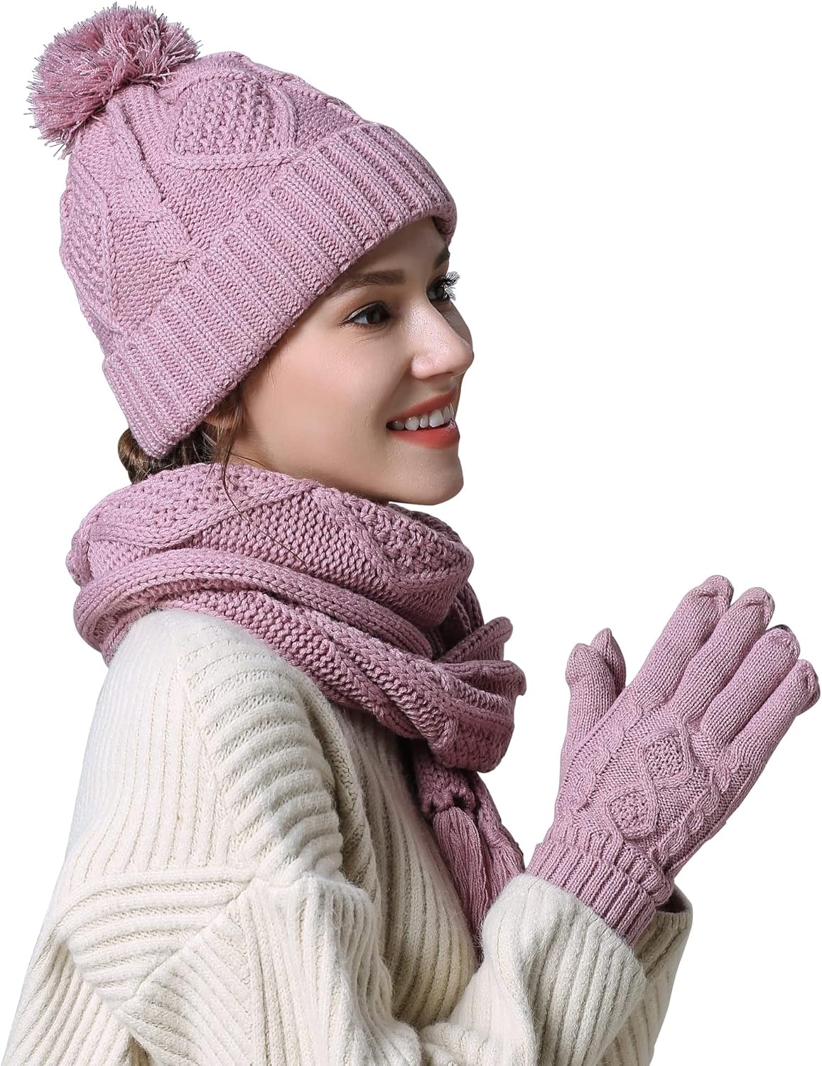 Winter Hat Gloves Scarf Set Women, Beanie with Pom Touchscreen Gloves Warm Knit...