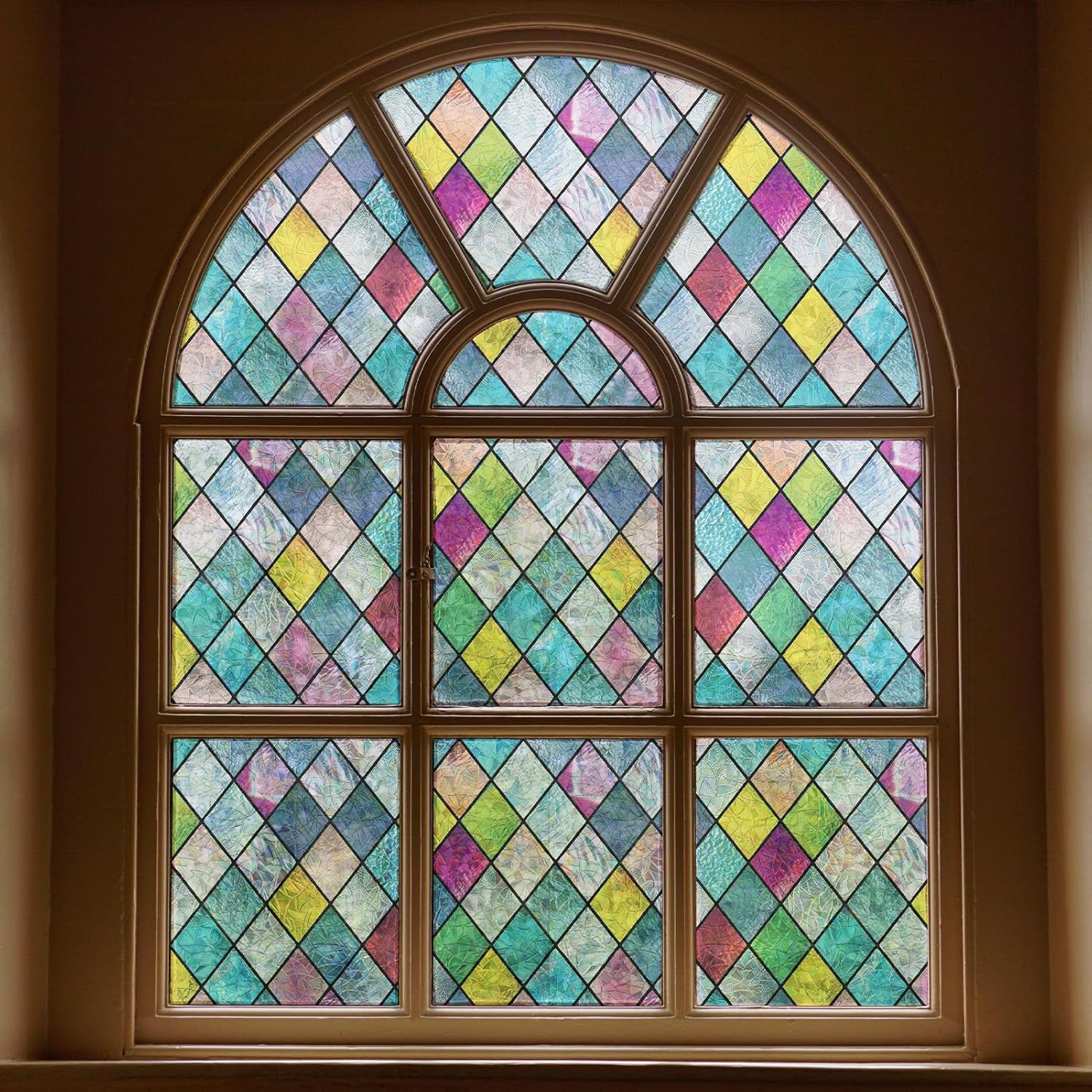 FEOMOS Stained Glass Window Film, Window Privacy Films, Colorful Lattice Window...
