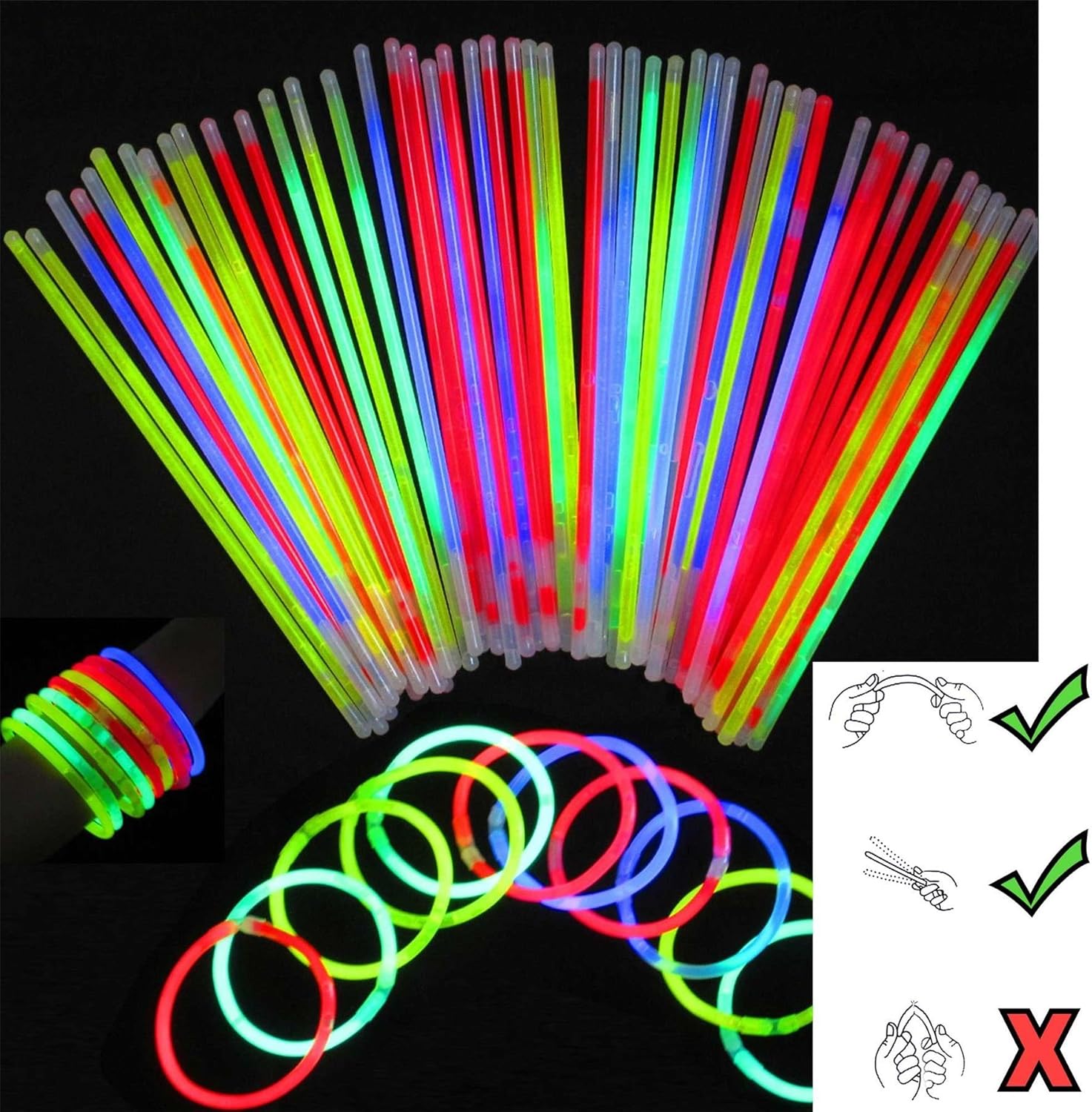 SHATCHI 100Pcs Glow Sticks 8" and Connectors Neon Colours Kit for Bracelets, Rin...