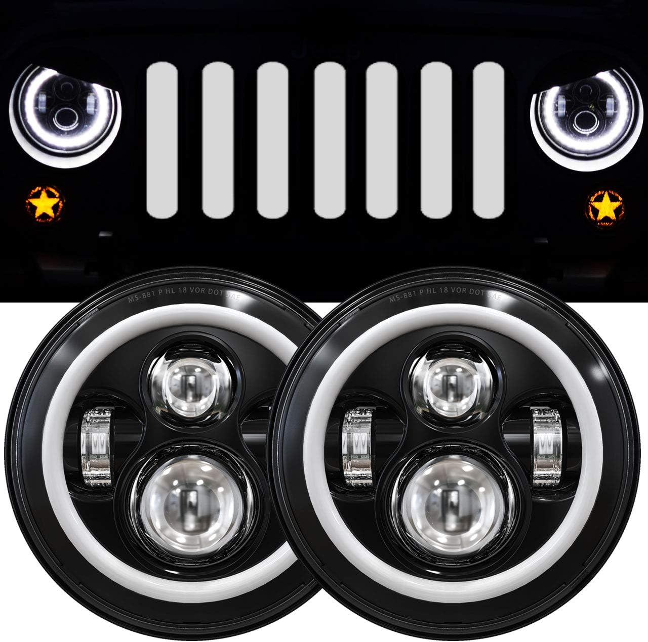 7 Inch LED Halo Headlights with Turn Signal Amber White DRL Compatible with 2007...