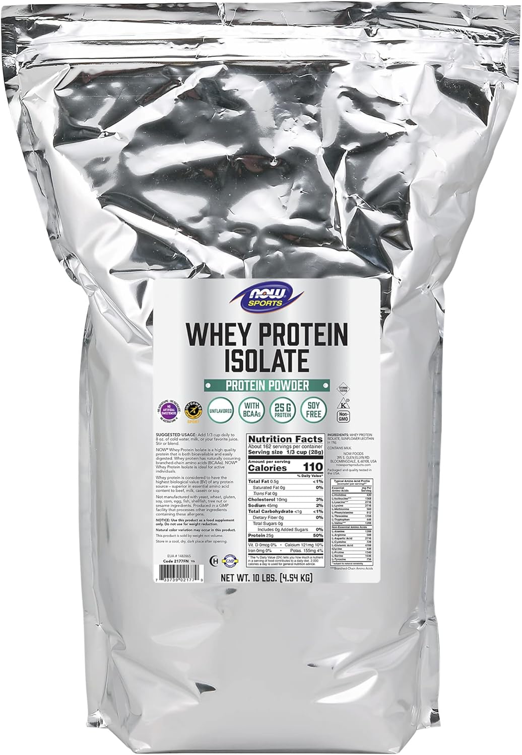 NOW Foods Sports Nutrition, Whey Protein Isolate, 25 g With BCAAs, Unflavored Po...