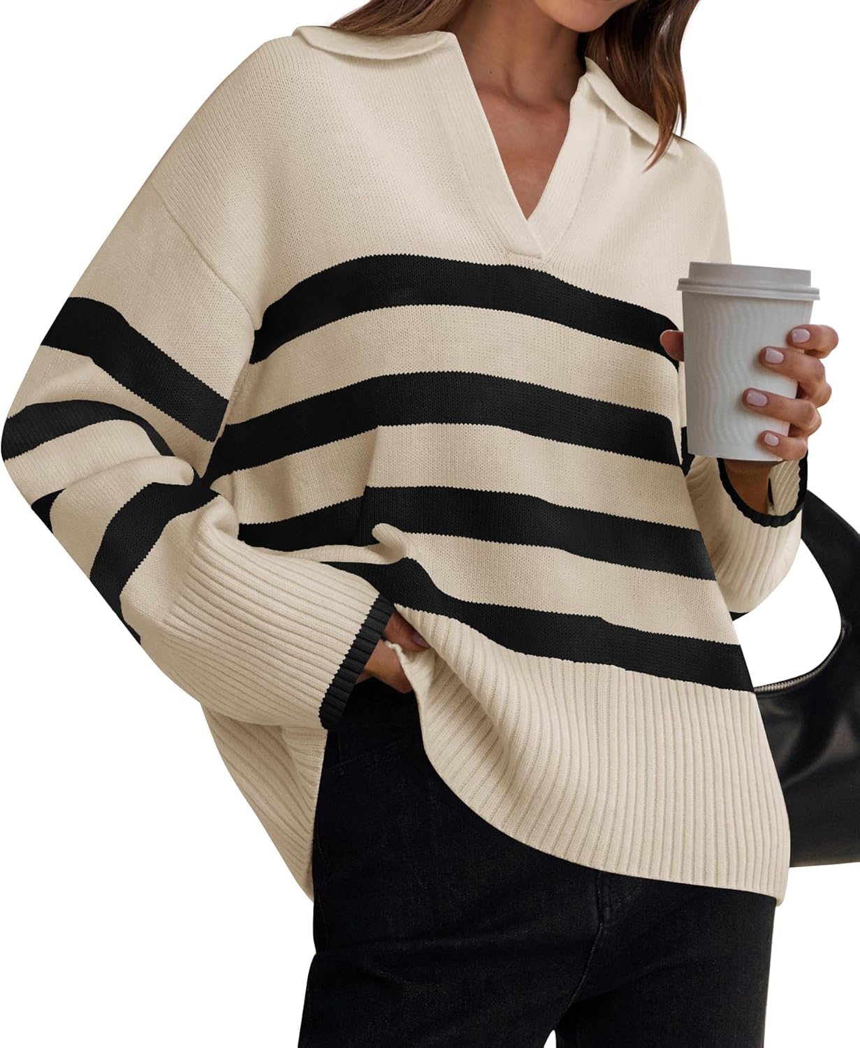 ZESICA Women's 2024 Winter Sweaters Lapel V Neck Long Sleeve Striped Chunky Knit...