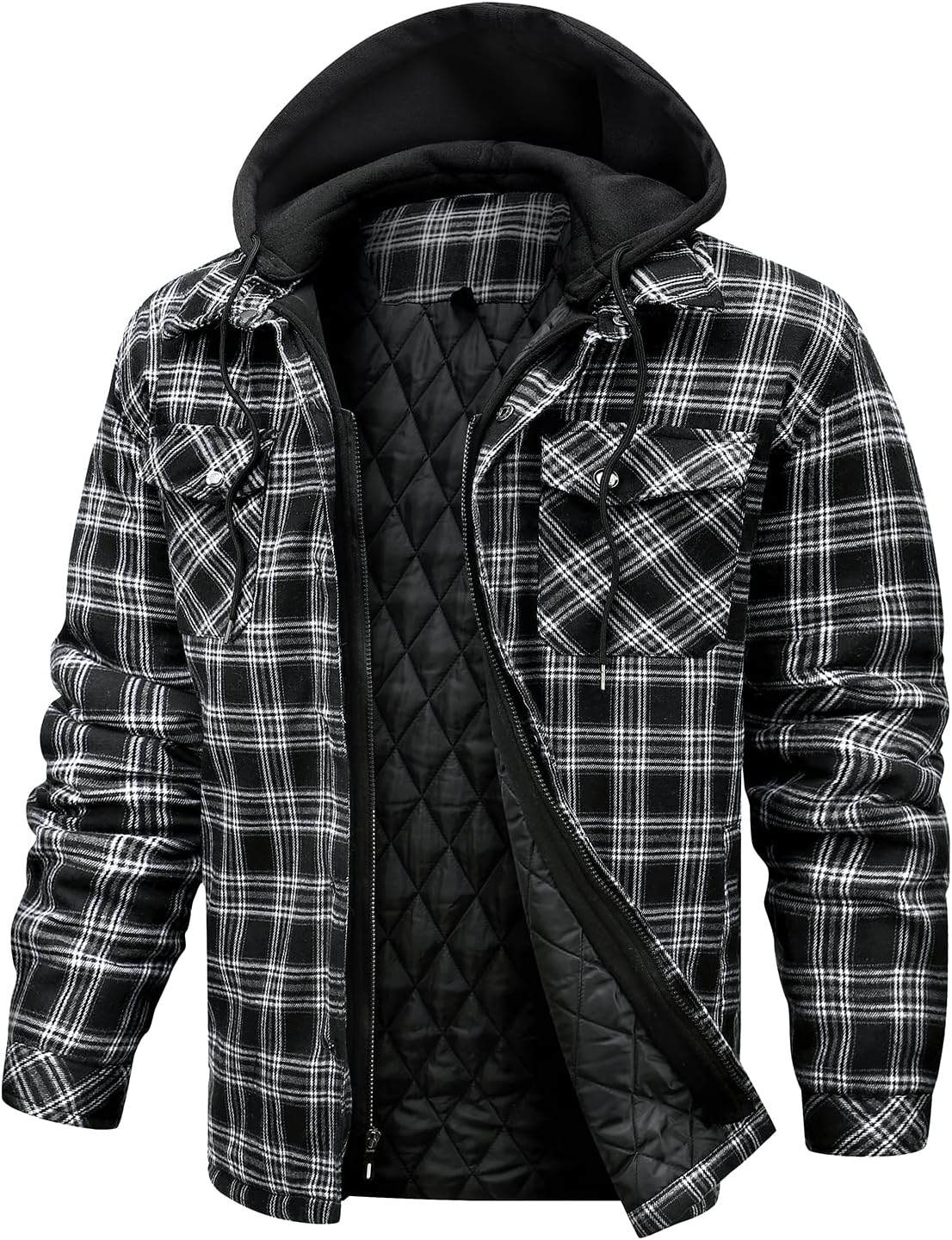 CHEXPEL Flannel Jackets for Men Long Sleeve Plaid Shirt Jacket Quilt Lined Hoode...